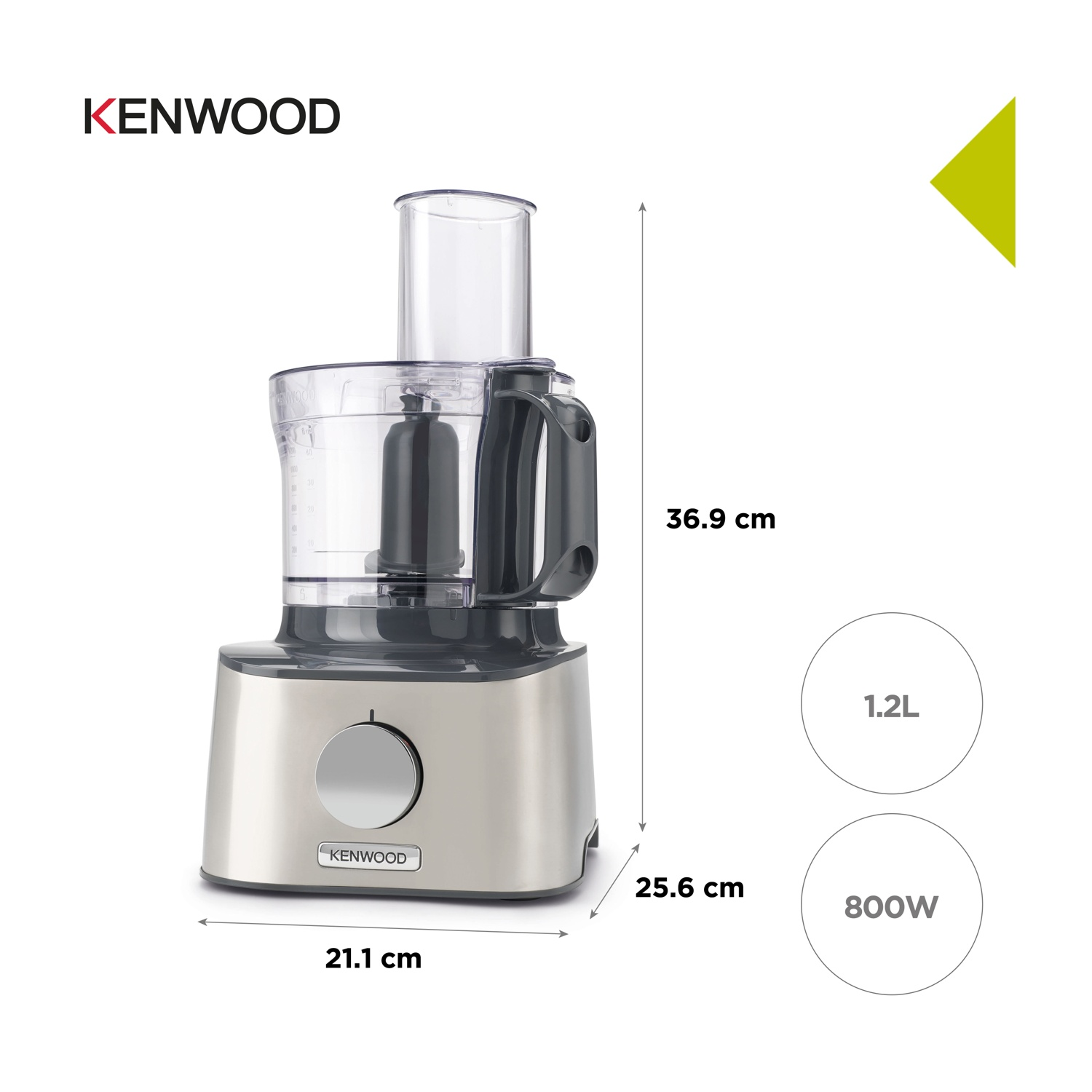 Robot da cucina Kenwood con dimensioni e specifiche. Ha una base argentata, un top nero e un contenitore trasparente.