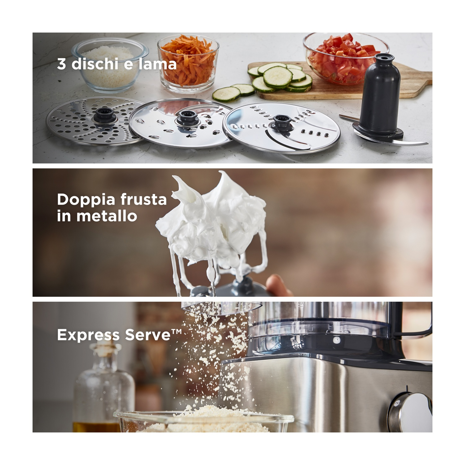 Robot da cucina con lame e ciotole di ingredienti: carote, zucchine, pomodori e formaggio grattugiato. È mostrata anche una frusta.