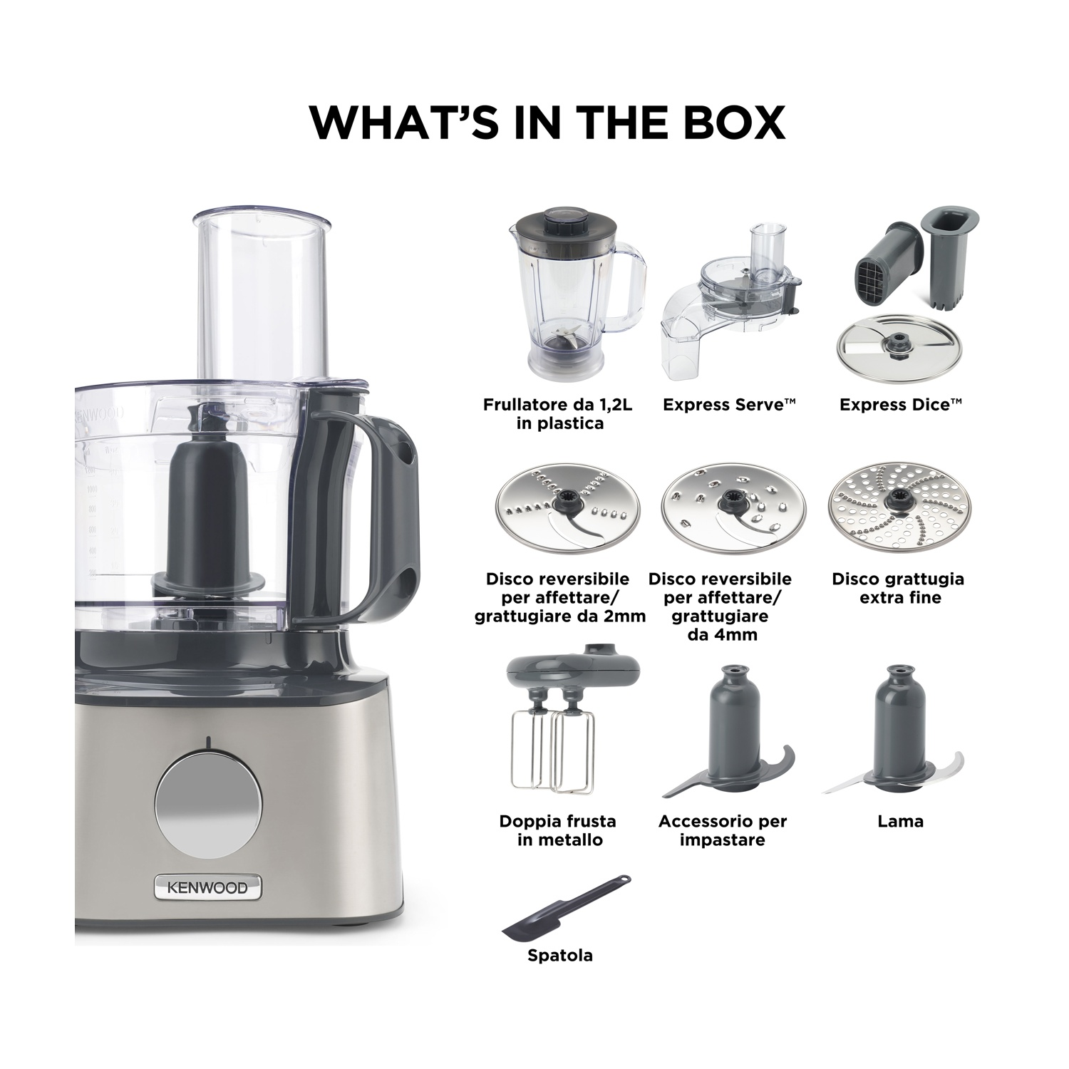 Un robot da cucina Kenwood con vari accessori, tra cui lame, un frullatore e una frusta, su sfondo bianco.