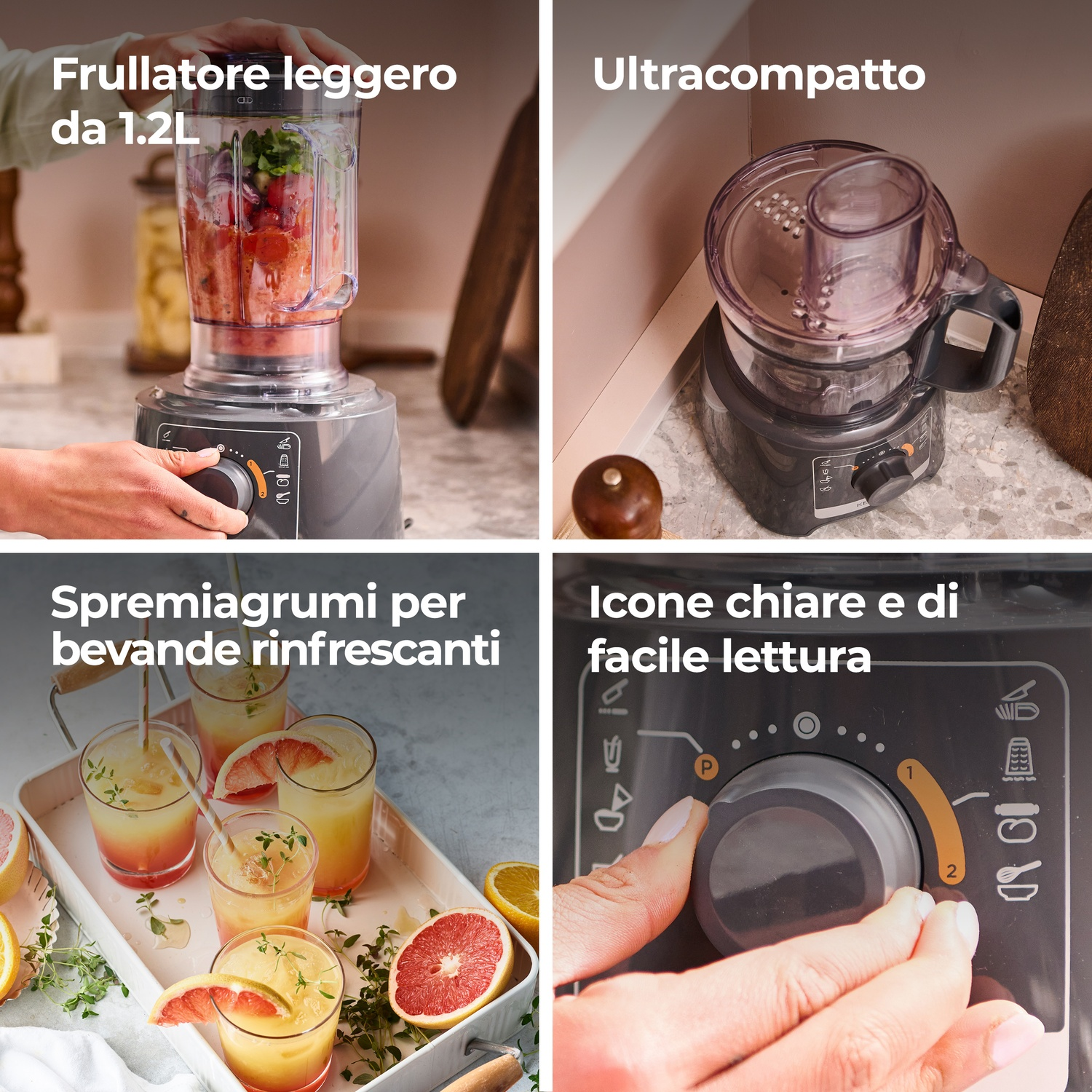 Un frullatore con frutta dentro, una mano che gira un quadrante. Il testo dice 'Frullatore leggero da 1.2L'.