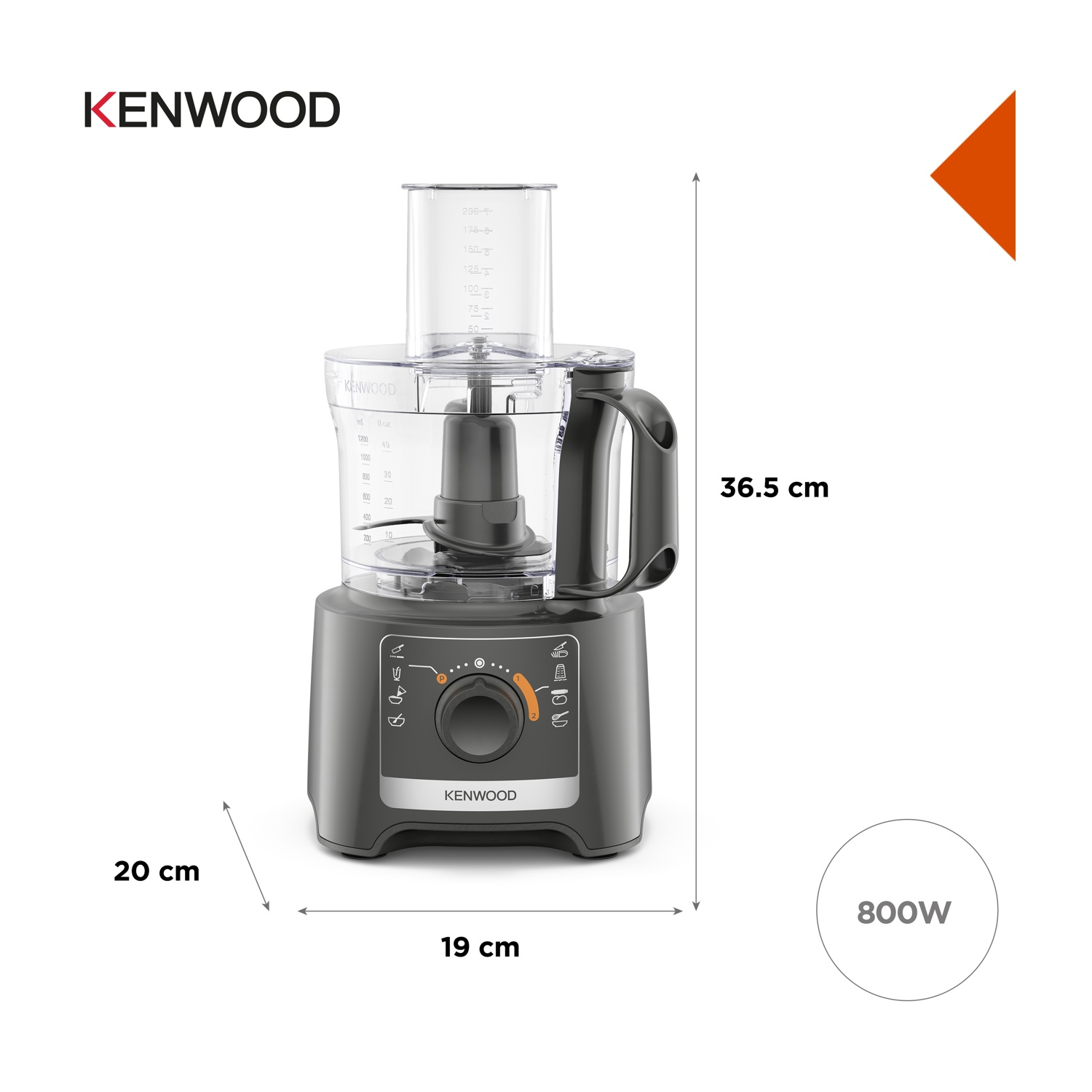 Un robot da cucina Kenwood su sfondo bianco. Ha una base grigia, un contenitore trasparente e le dimensioni sono indicate.