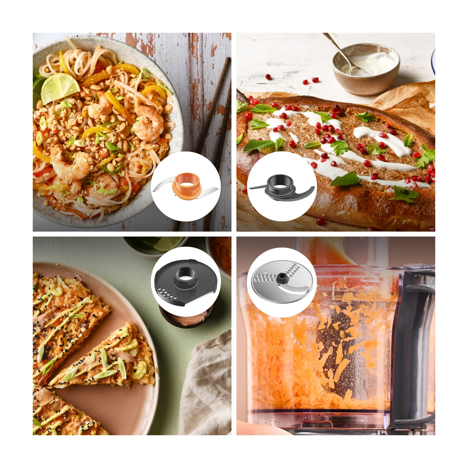 In alto a sinistra: Pad Thai con gamberi. In basso a destra: robot da cucina con carota. In alto a destra: pane con melograno. In basso a sinistra: pizza.