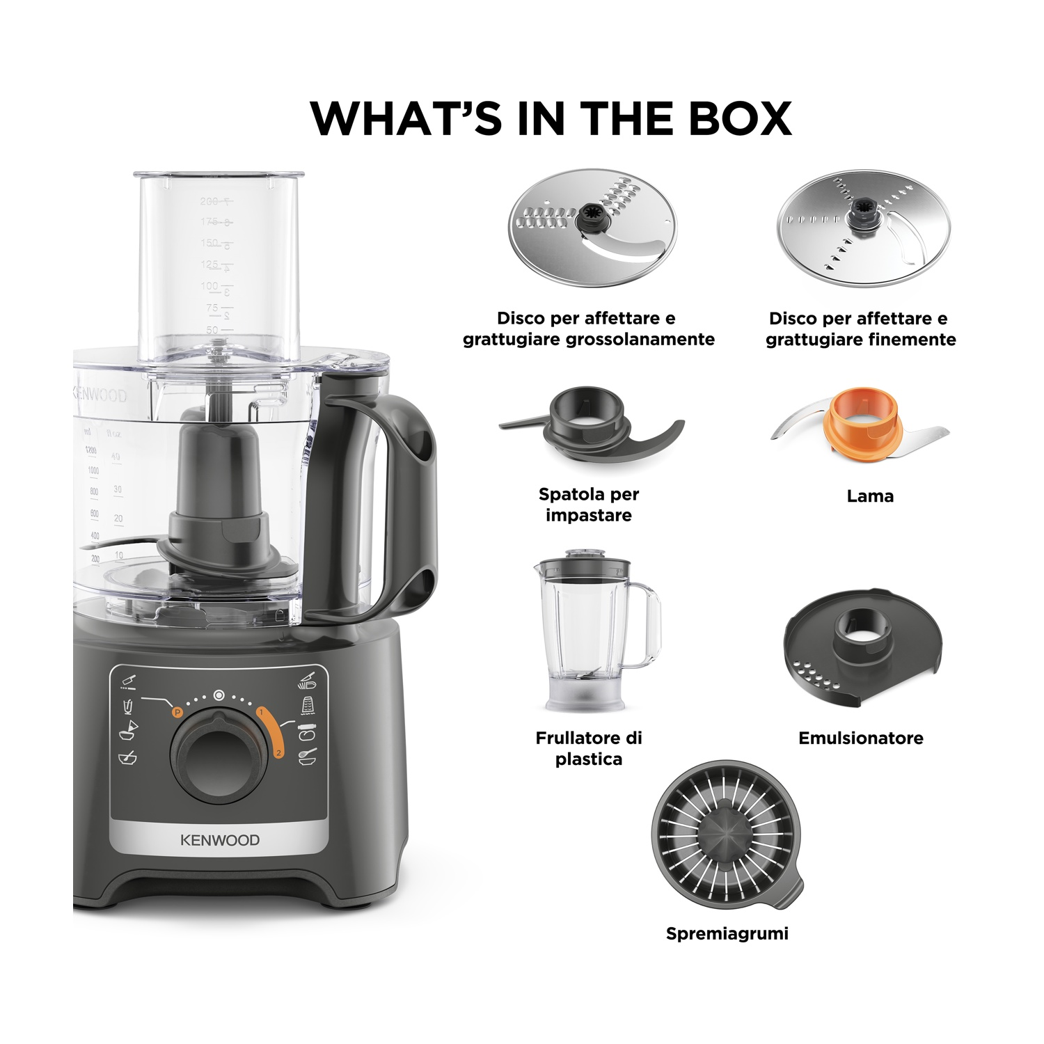 Un robot da cucina Kenwood con accessori. Include lame, un frullatore e uno spremiagrumi. L'immagine è etichettata "Cosa c'è nella scatola".