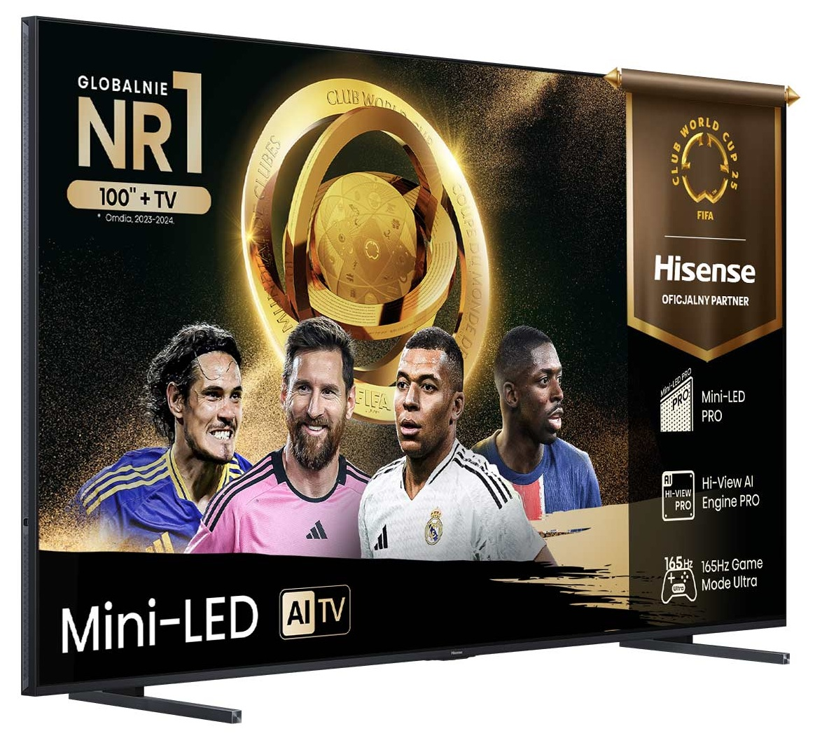 Telewizor Hisense z piłkarzami: Messi, Mbappe. Logo Mistrzostw Świata FIFA. Telewizor Mini-LED. Czarny ekran, złote akcenty.