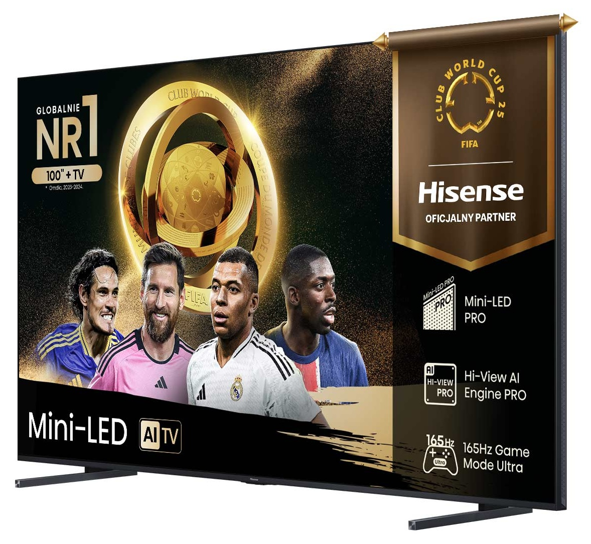 Telewizor Hisense wyświetla piłkarzy i markę FIFA World Cup. Podkreśla funkcje Mini-LED i AI.