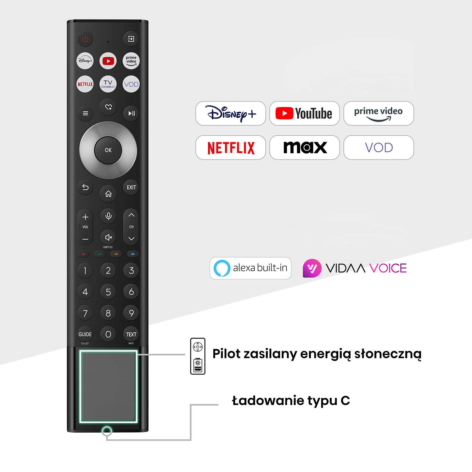 Czarny pilot TV. Przyciski: Disney+, YouTube, Netflix i głośność. Zasilanie słoneczne i ładowanie USB-C.