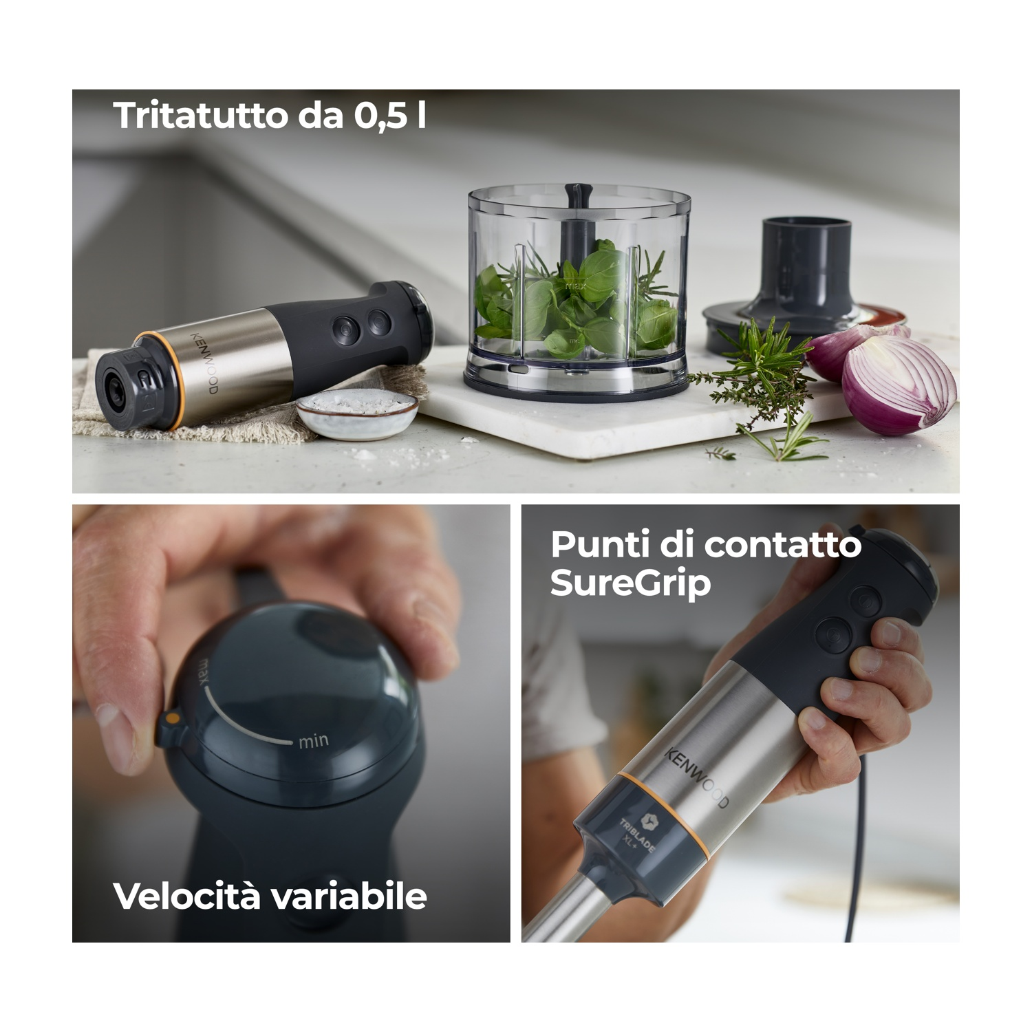 Un robot da cucina con corpo argento e nero. Ha un contenitore trasparente con erbe verdi. Una cipolla e altri elementi sono su una superficie di marmo.