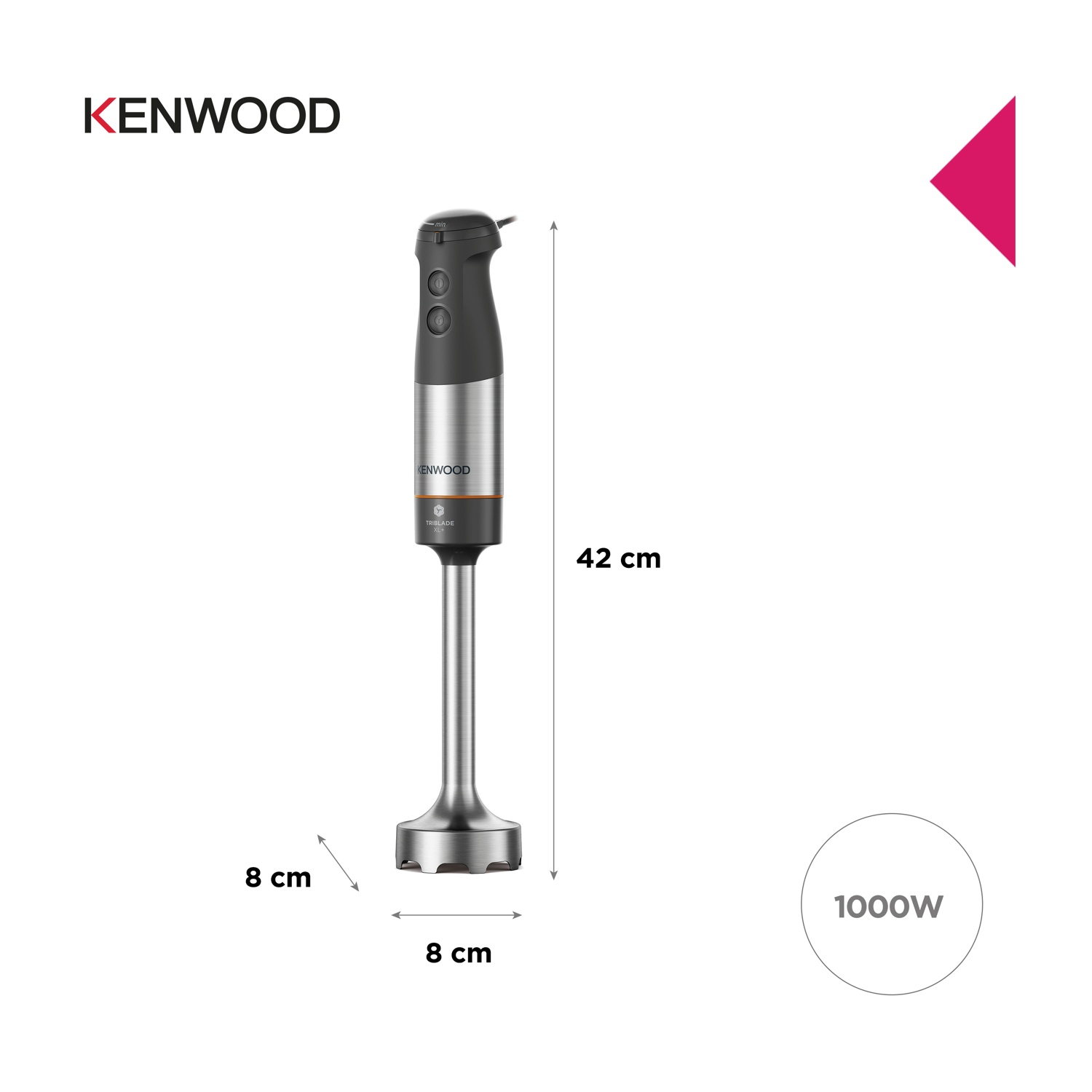 Un frullatore a immersione Kenwood. È nero, argento e arancione, con misure di 8 cm x 8 cm x 42 cm. Ha 1000W.