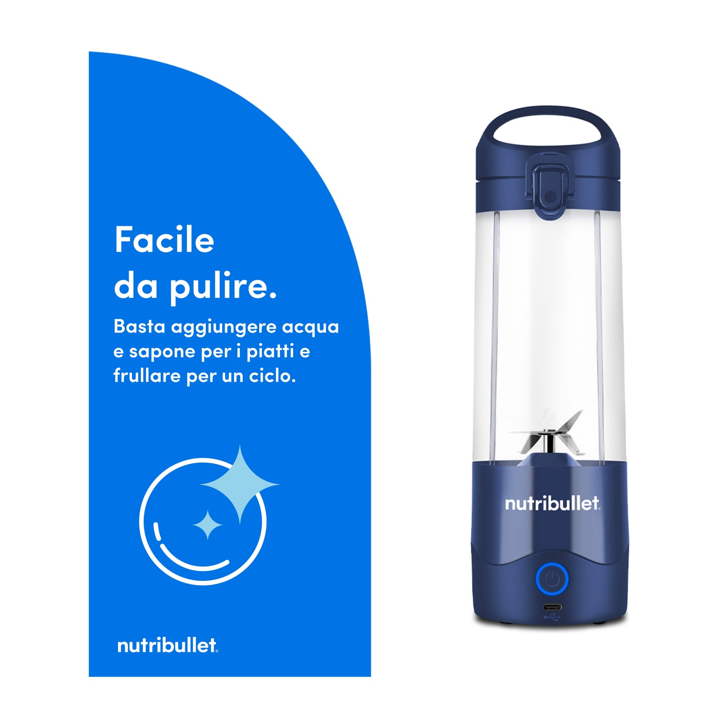 È mostrato un frullatore Nutribullet blu e bianco. Il testo a sinistra dice 'Facile da pulire'. Un arco blu è a sinistra.