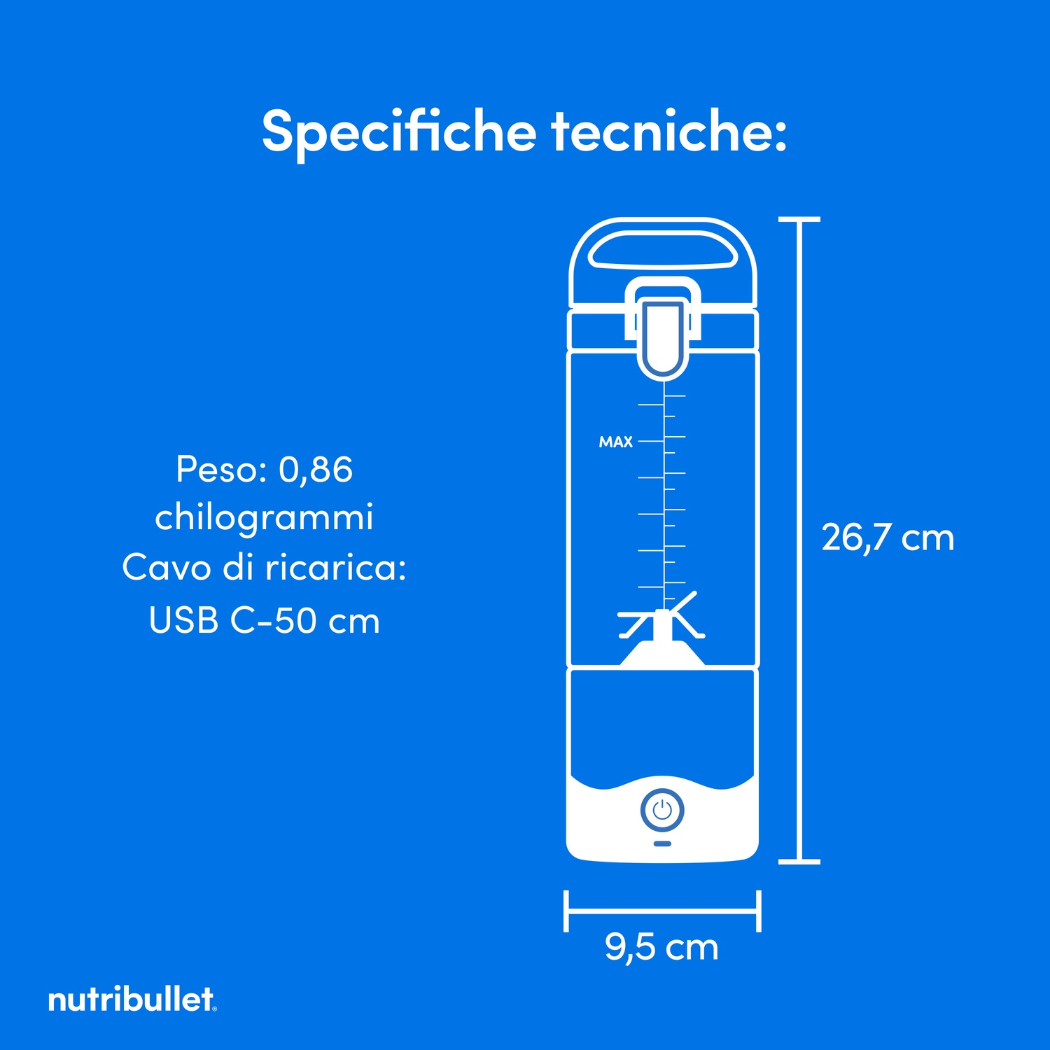 Diagramma di un frullatore Nutribullet con dimensioni e specifiche. Include peso, dettagli del cavo USB e misure in cm.