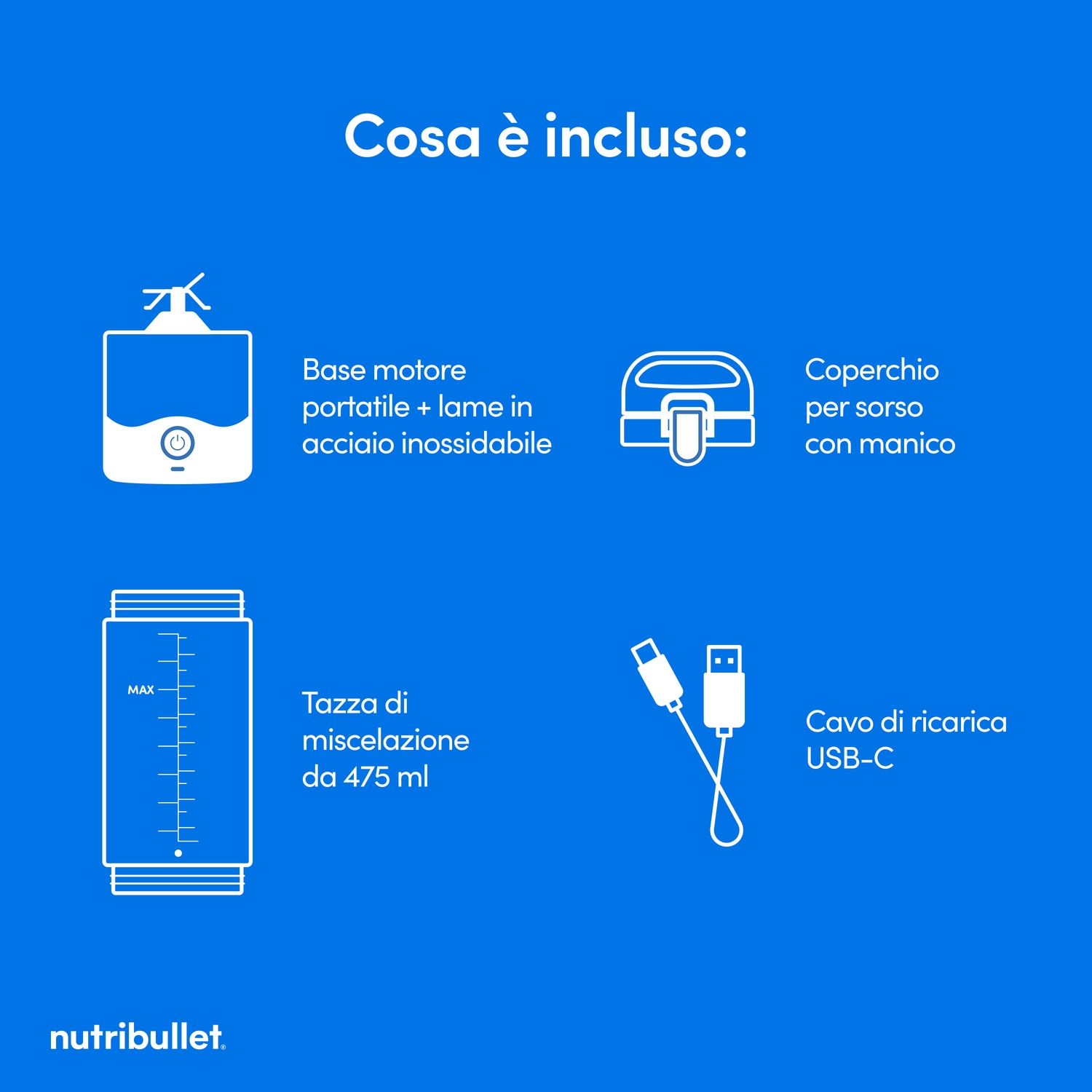 L'immagine mostra gli elementi inclusi: base motore, coperchio, bicchiere miscelatore da 475 ml e cavo di ricarica USB-C. Tutti gli elementi sono disegnati in bianco su sfondo blu.