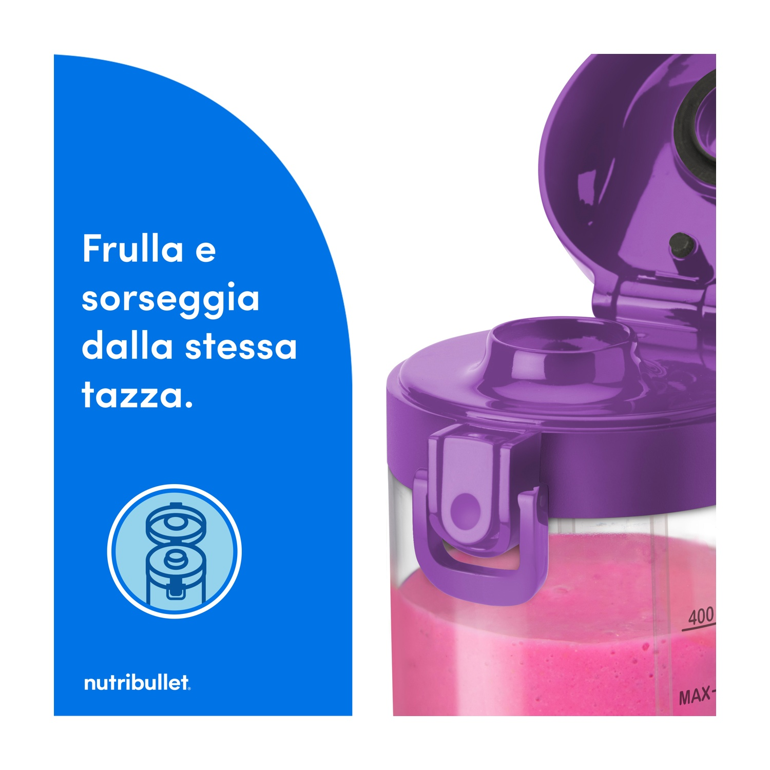 Frullatore Nutribullet viola con frullato rosa. Testo blu a sinistra: Frulla e sorseggia dalla stessa tazza.