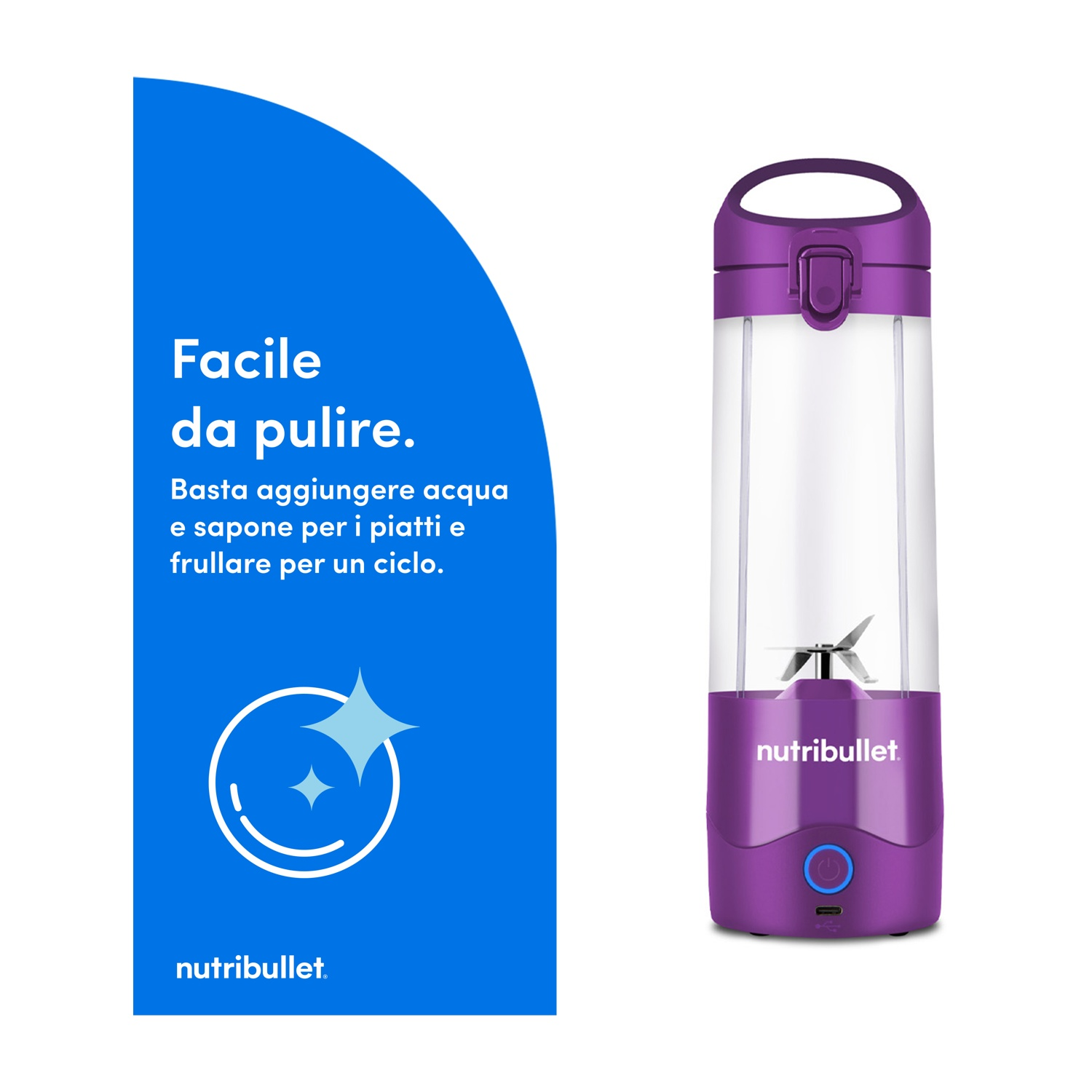 Un frullatore Nutribullet viola e trasparente. Il testo dice 'Facile da pulire' con le istruzioni. Il frullatore ha un pulsante di accensione e una porta USB.
