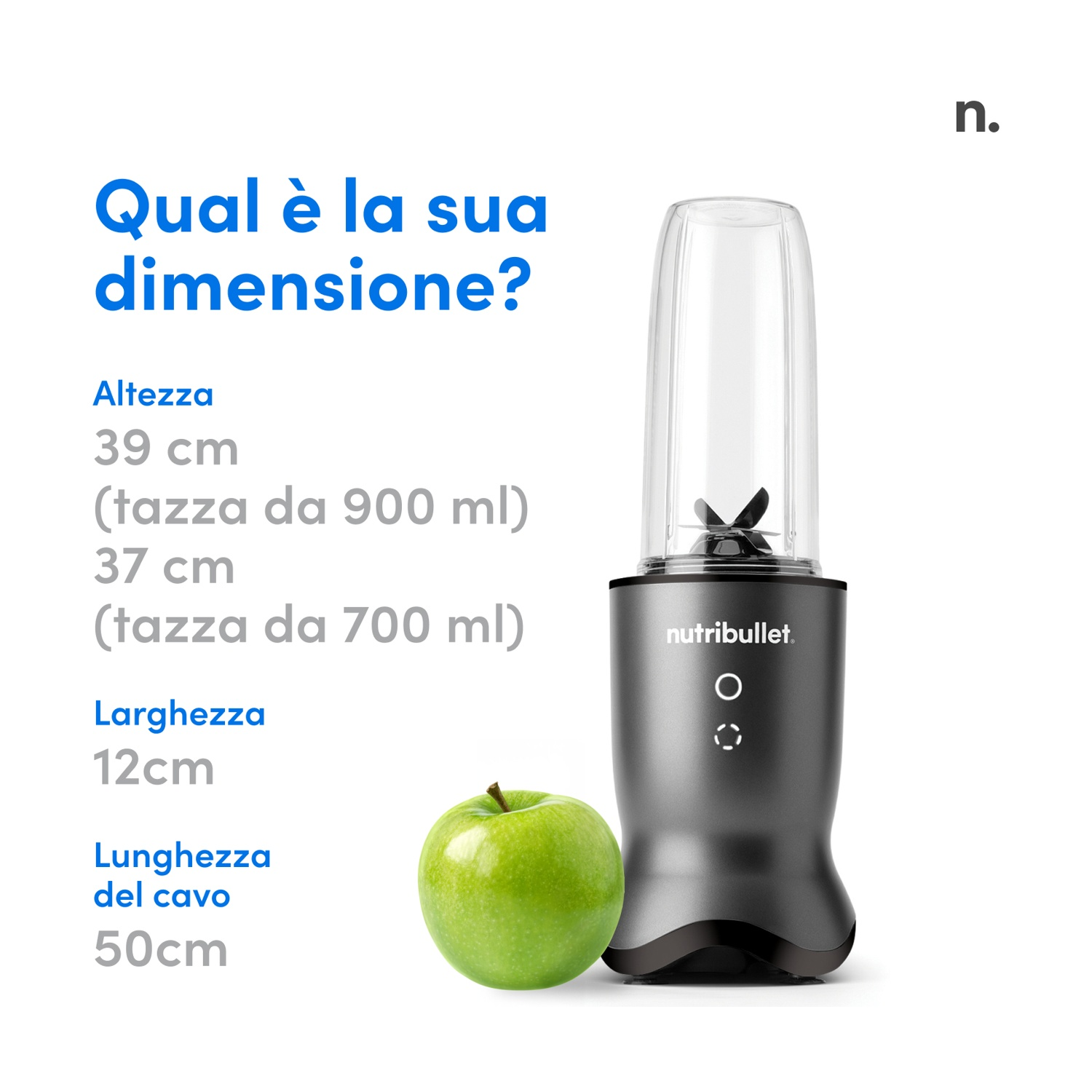 Un frullatore Nutribullet, una mela verde e le specifiche delle dimensioni sono visualizzate. Le dimensioni sono elencate in italiano.
