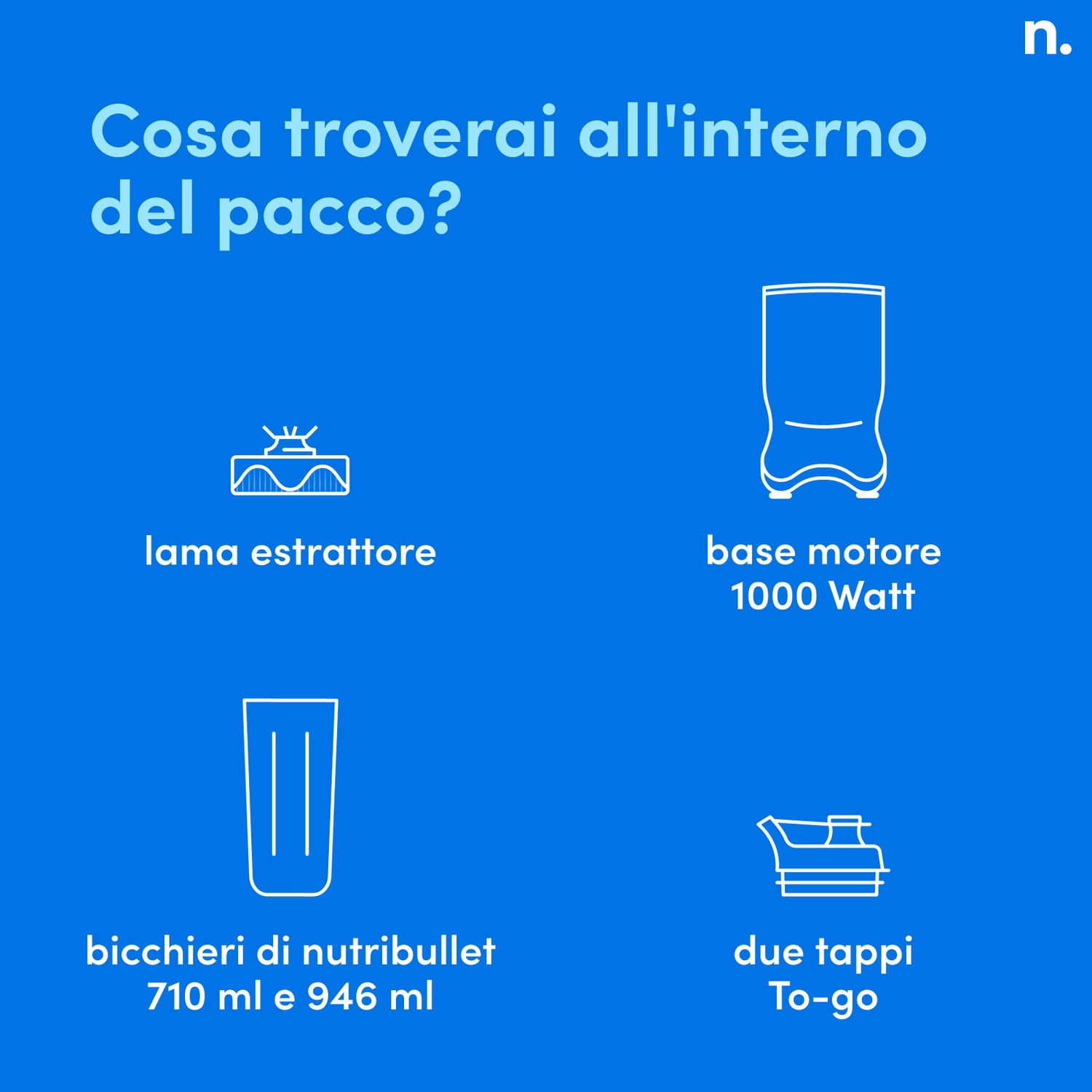 Sfondo blu con disegni a tratto bianco di parti del frullatore: lama estrattore, base motore, tazze e coperchi To-go, con testo italiano.