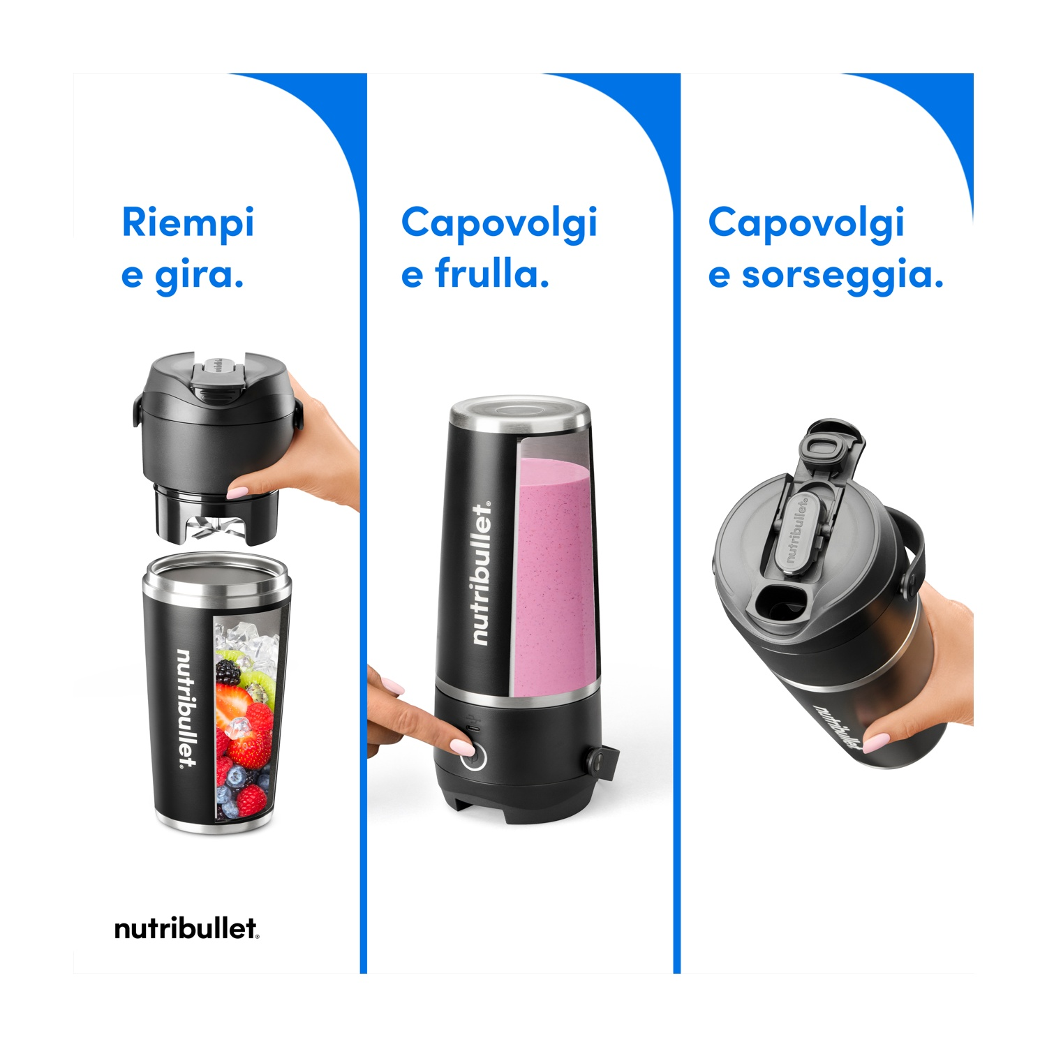 L'immagine mostra un frullatore Nutribullet in tre fasi: riempire, frullare e bere. Ogni fase comprende una parte diversa del processo.