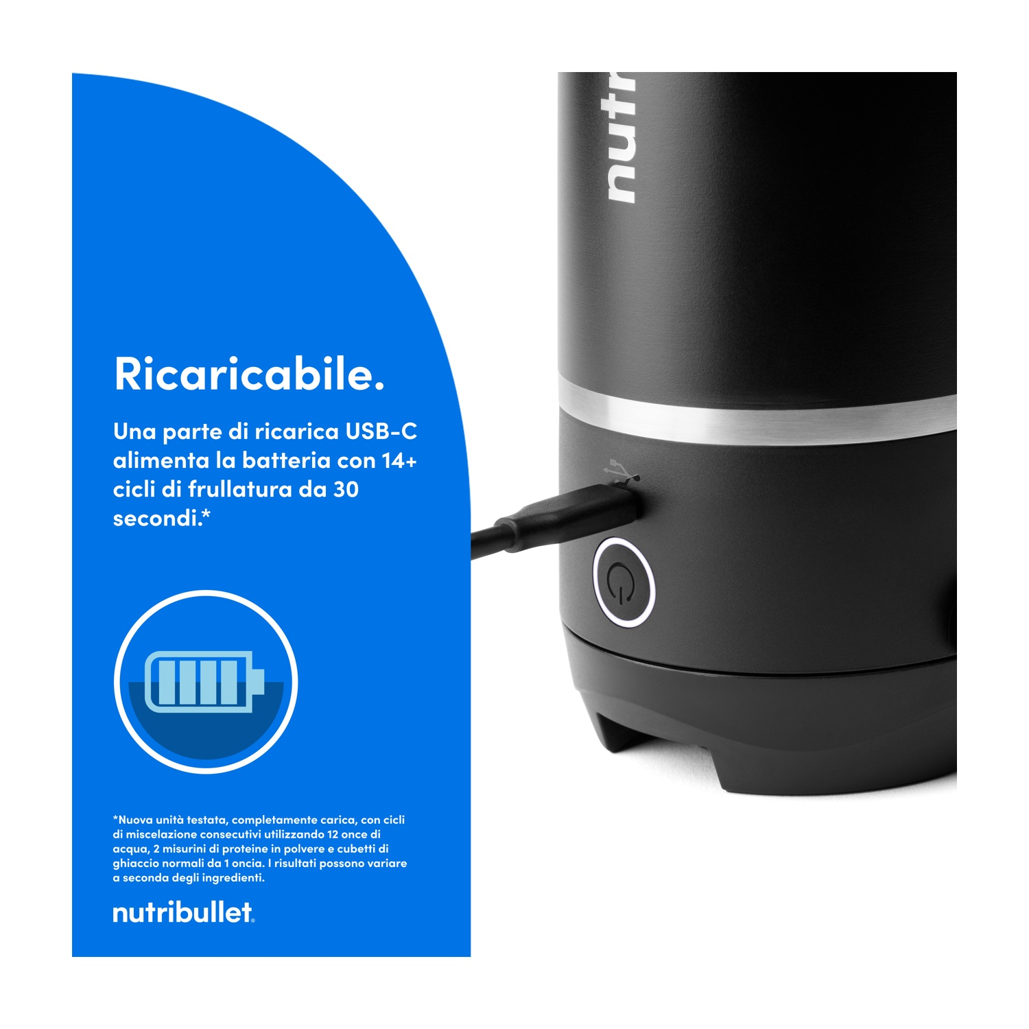 Un frullatore Nutribullet nero in carica tramite USB-C. Una sezione blu a sinistra ha testo sulla ricarica.