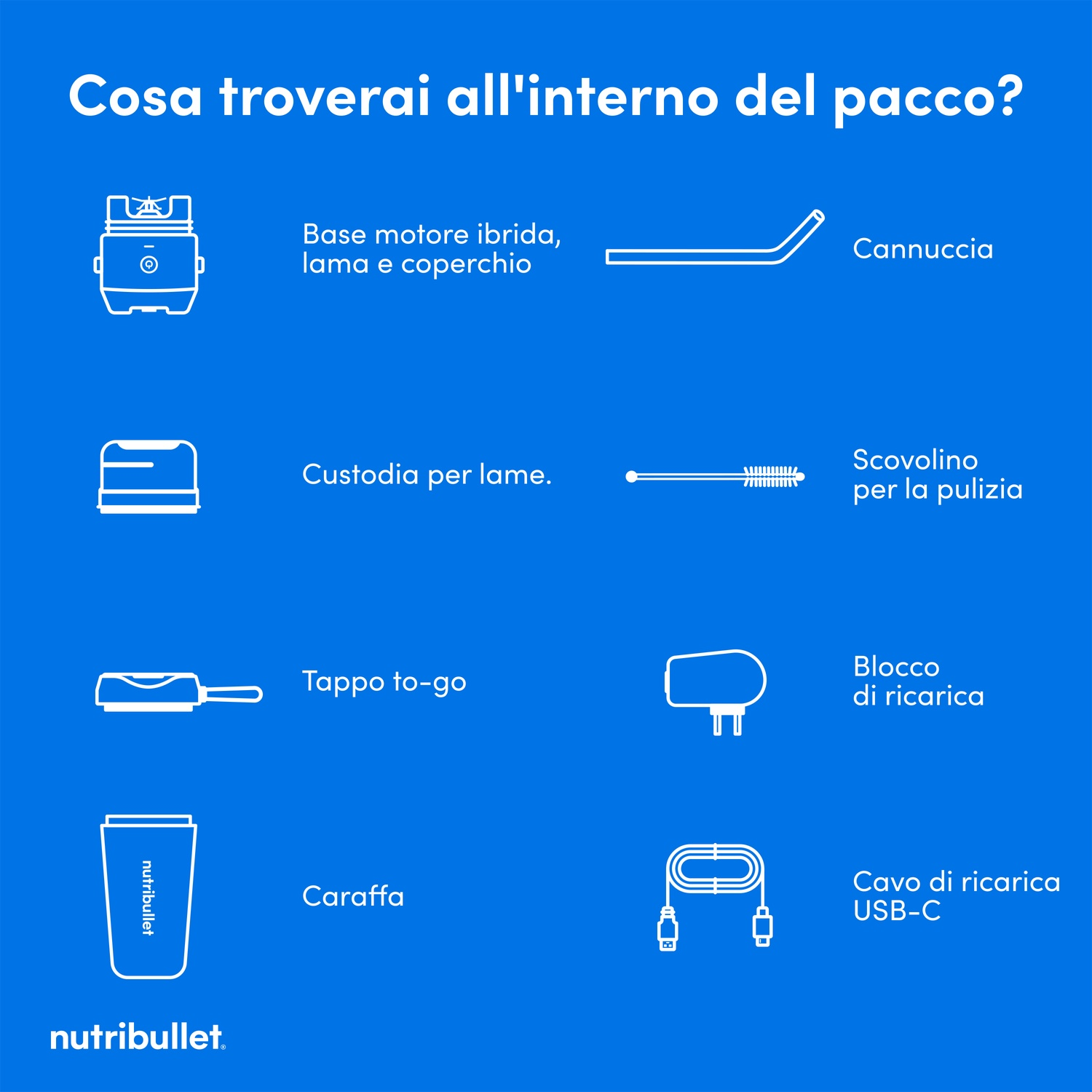 L'immagine mostra le parti di un Nutribullet: base motore, lame, cannuccia, spazzola per la pulizia, coperchio da asporto, caricatore, tazza e cavo USB-C.