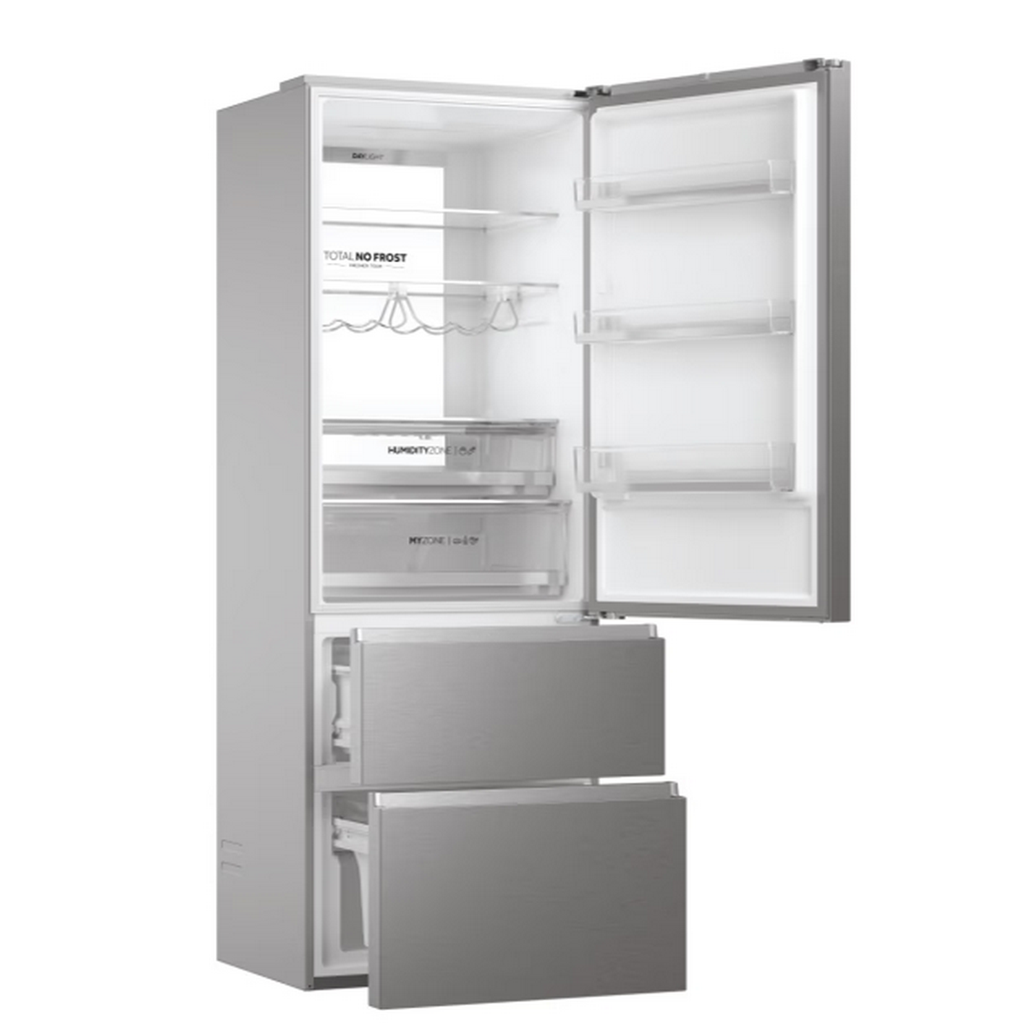 Un refrigerador plateado con la puerta abierta. Dentro, se ven estantes y cajones. Los cajones del congelador están extraídos.