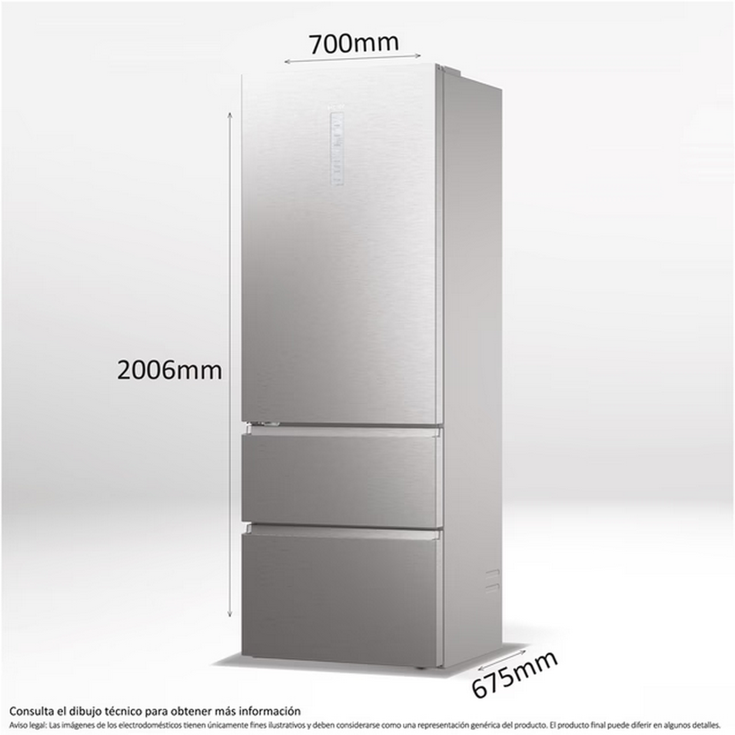 Un refrigerador plateado con tres cajones. Tiene unas dimensiones de 2006 mm de alto, 700 mm de ancho y 675 mm de profundidad.