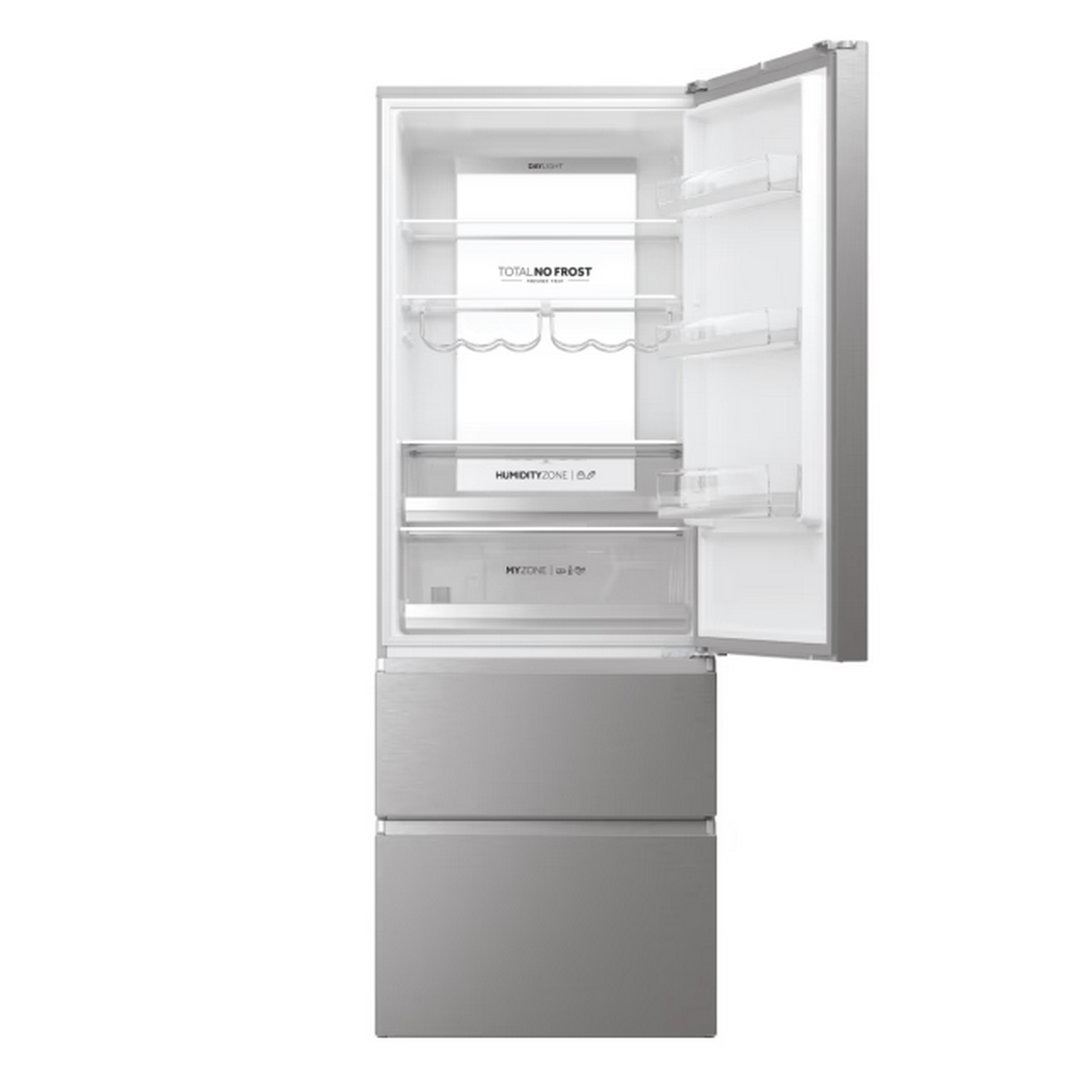 Un refrigerador plateado con la puerta abierta, revelando estantes, cajones y compartimentos internos. Los cajones del congelador están abajo.