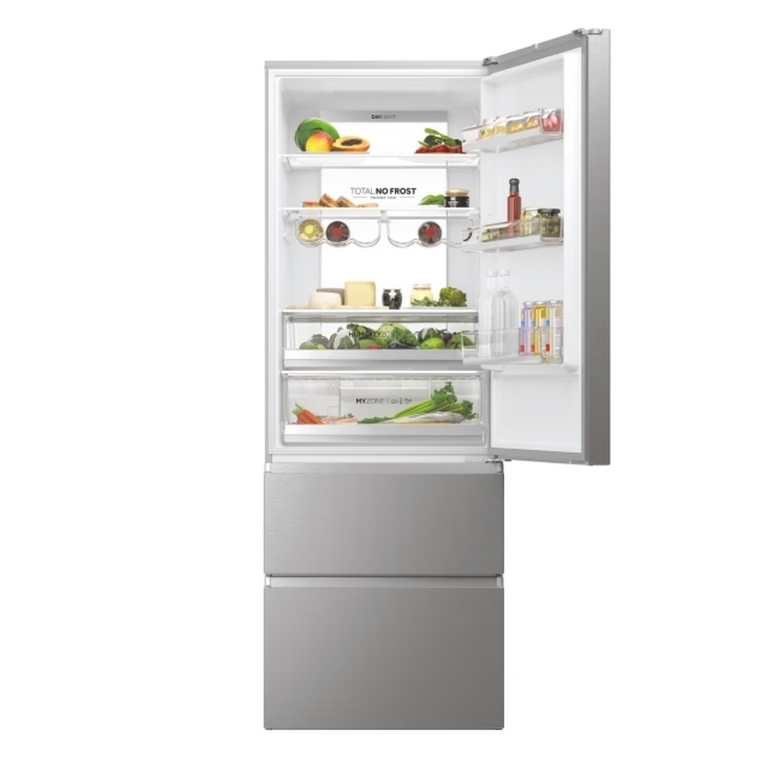 Refrigerador abierto lleno de comida. Frutas, verduras y varios recipientes son visibles en los estantes. El refrigerador es plateado.