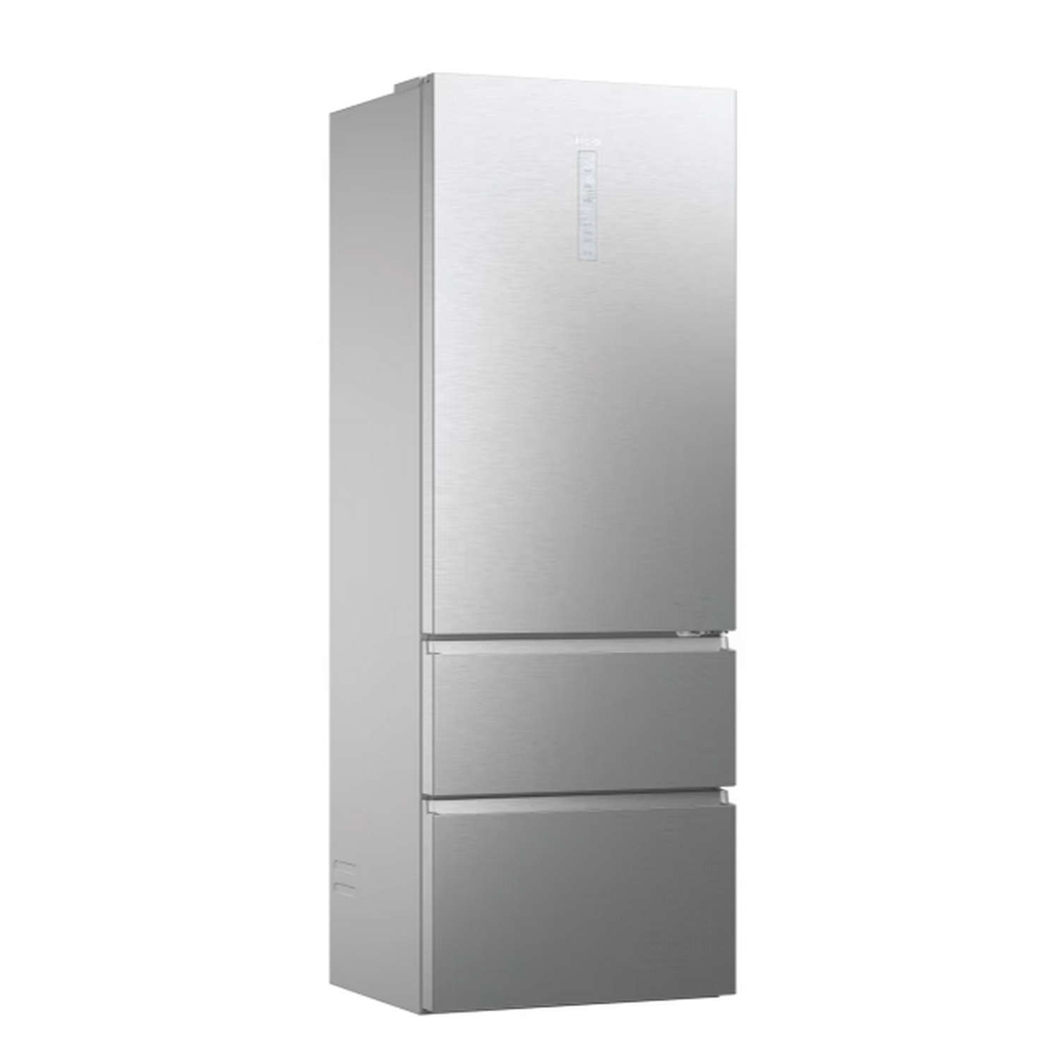 Un refrigerador de acero inoxidable sobre un fondo blanco. Tiene una puerta alta arriba y dos cajones abajo.
