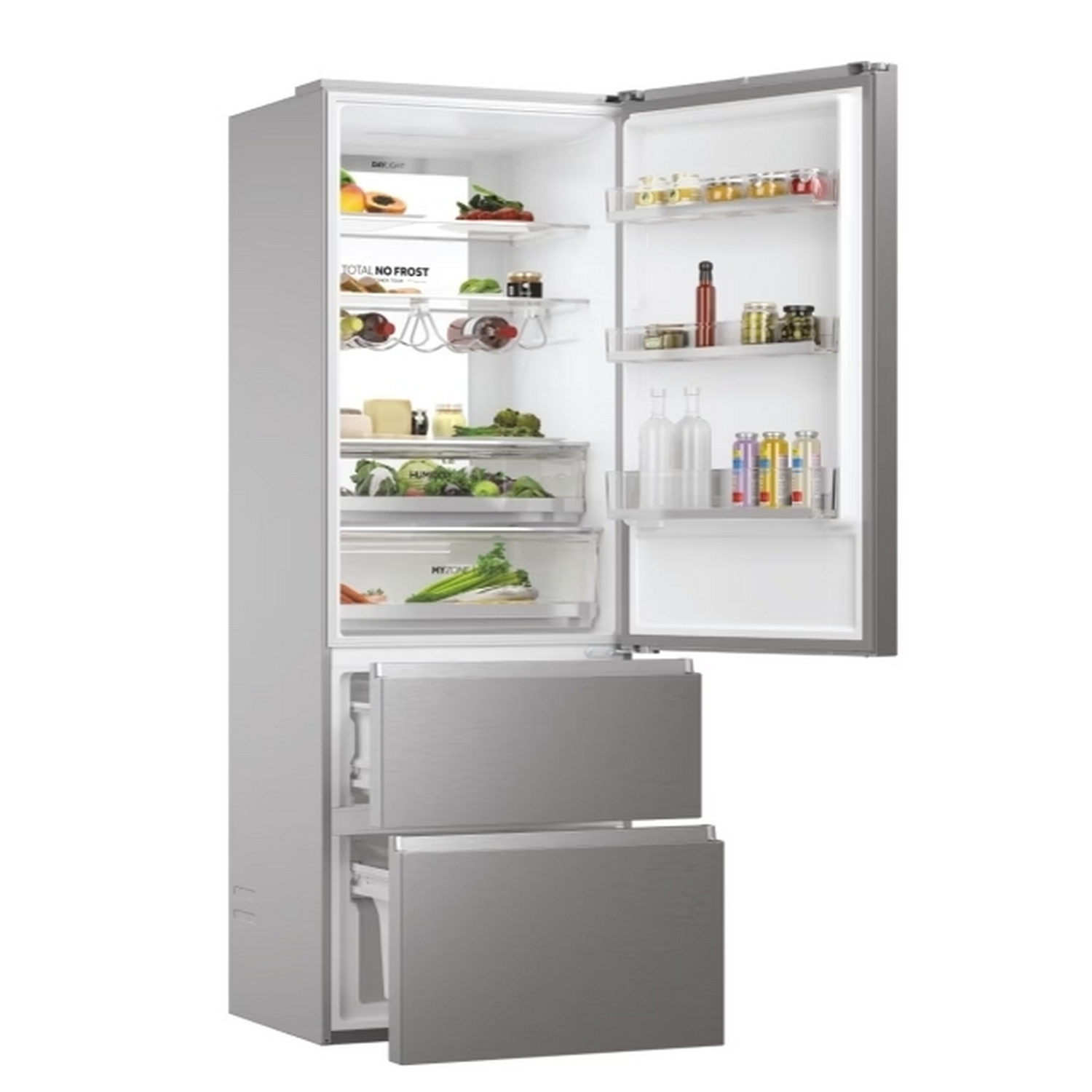 Un refrigerador plateado con la puerta abierta, mostrando estantes con alimentos. Dos cajones son visibles debajo de la sección del refrigerador.