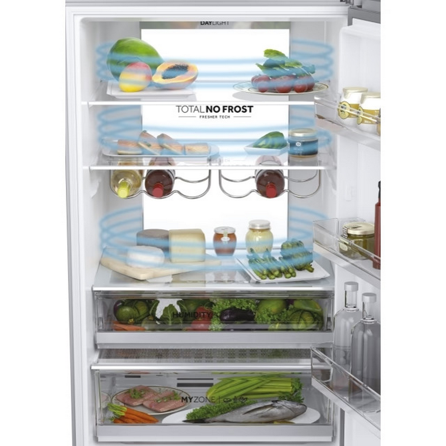 Refrigerador abierto con frutas, verduras, queso, tarros y botellas. Circulación de aire. Total No Frost.