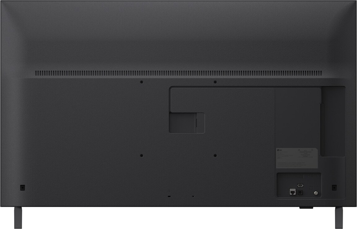Arrière d'un téléviseur LG gris foncé. Comprend des fentes d'aération, des ports de connexion et une découpe rectangulaire.