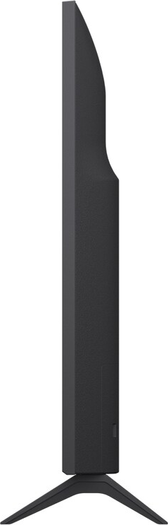 Vue latérale d'une télévision noire. La télévision est sur un support noir à trois pieds. La télévision est longue et étroite.