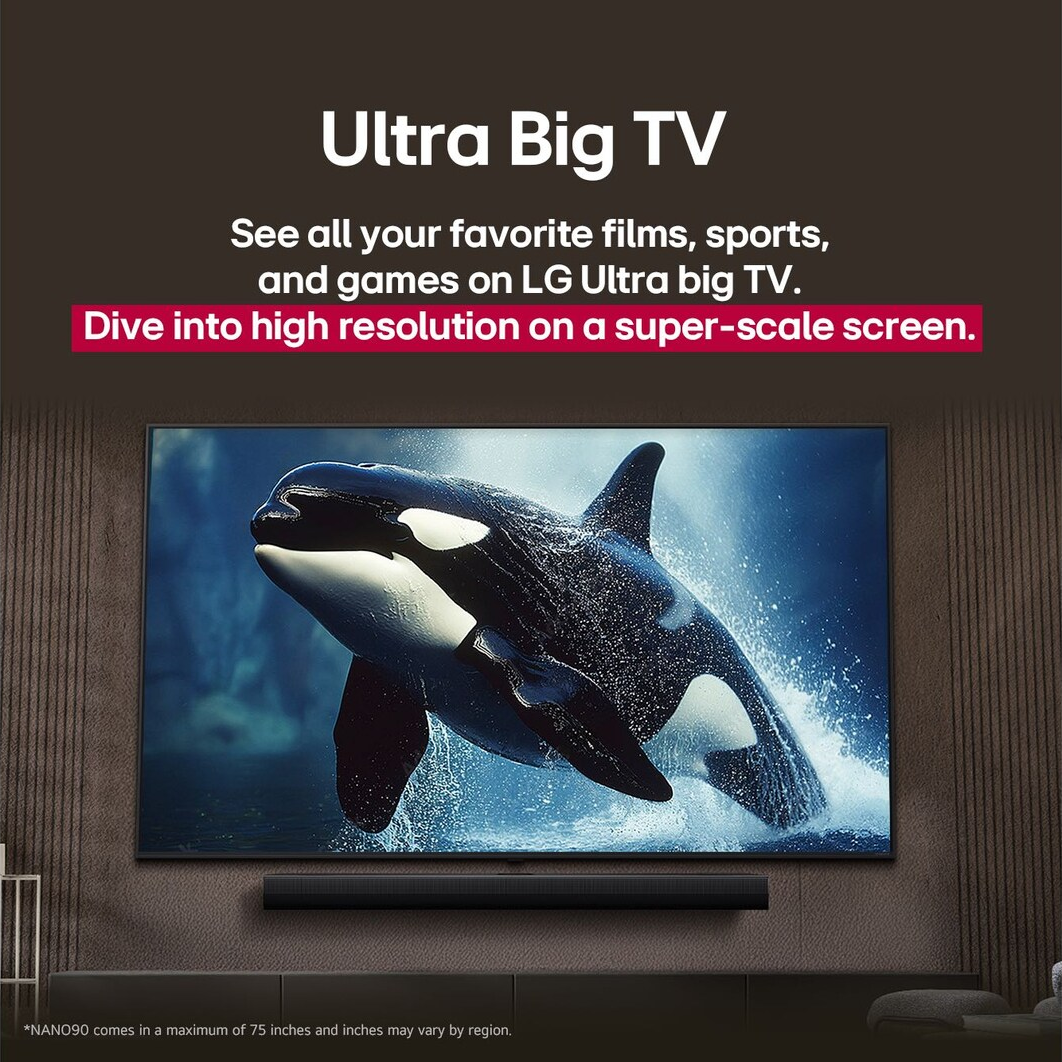 Une grande télévision affiche une baleine sortant de l'eau. Le texte ci-dessus indique 'Ultra Big TV'.