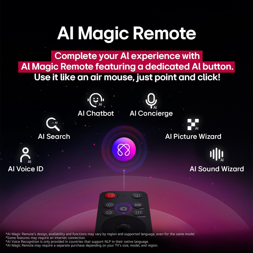 Une télécommande AI Magic avec diverses fonctionnalités d'IA. Elle comporte des boutons et des icônes pour AI Chatbot, Recherche, ID vocal, etc. Arrière-plan dégradé violet.
