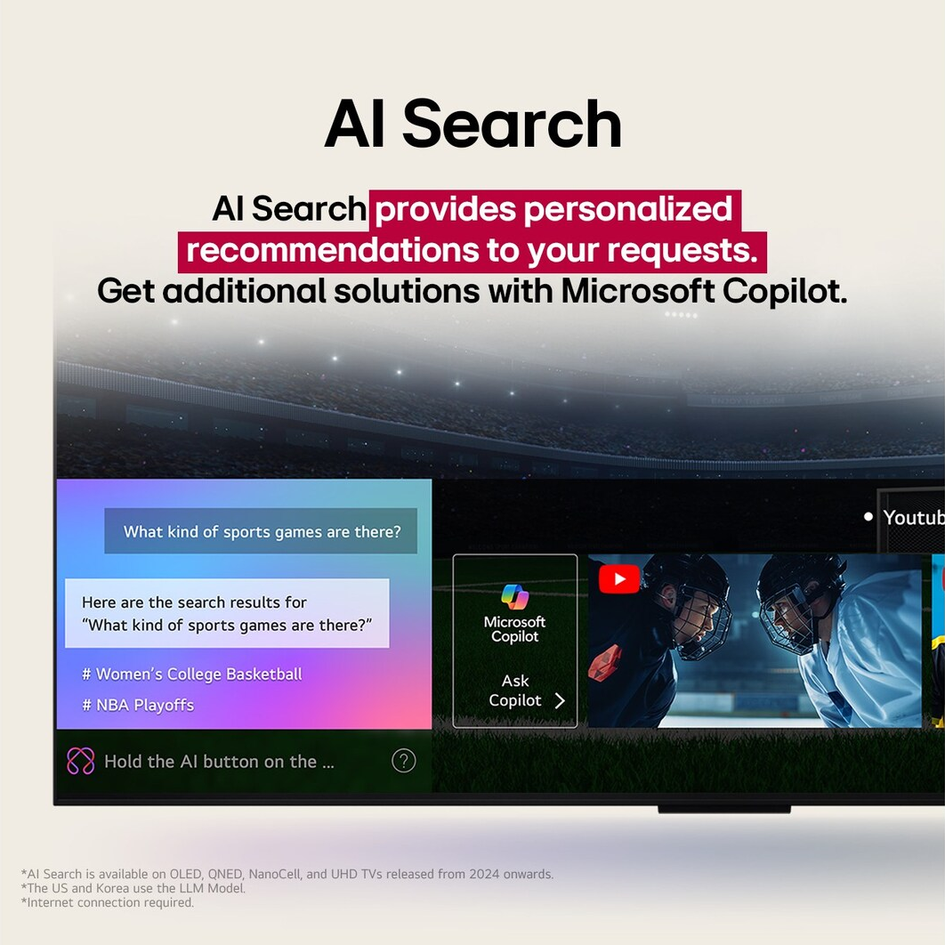 Interface de recherche IA sur un téléviseur affichant les résultats sportifs, y compris le basket-ball et les séries éliminatoires de la NBA, avec l'intégration de Microsoft Copilot.