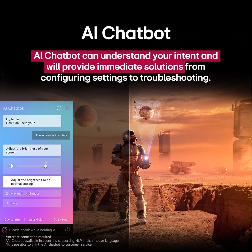 Une interface de chatbot IA et une scène de science-fiction futuriste avec un soldat futuriste tenant un appareil, des planètes et des véhicules.