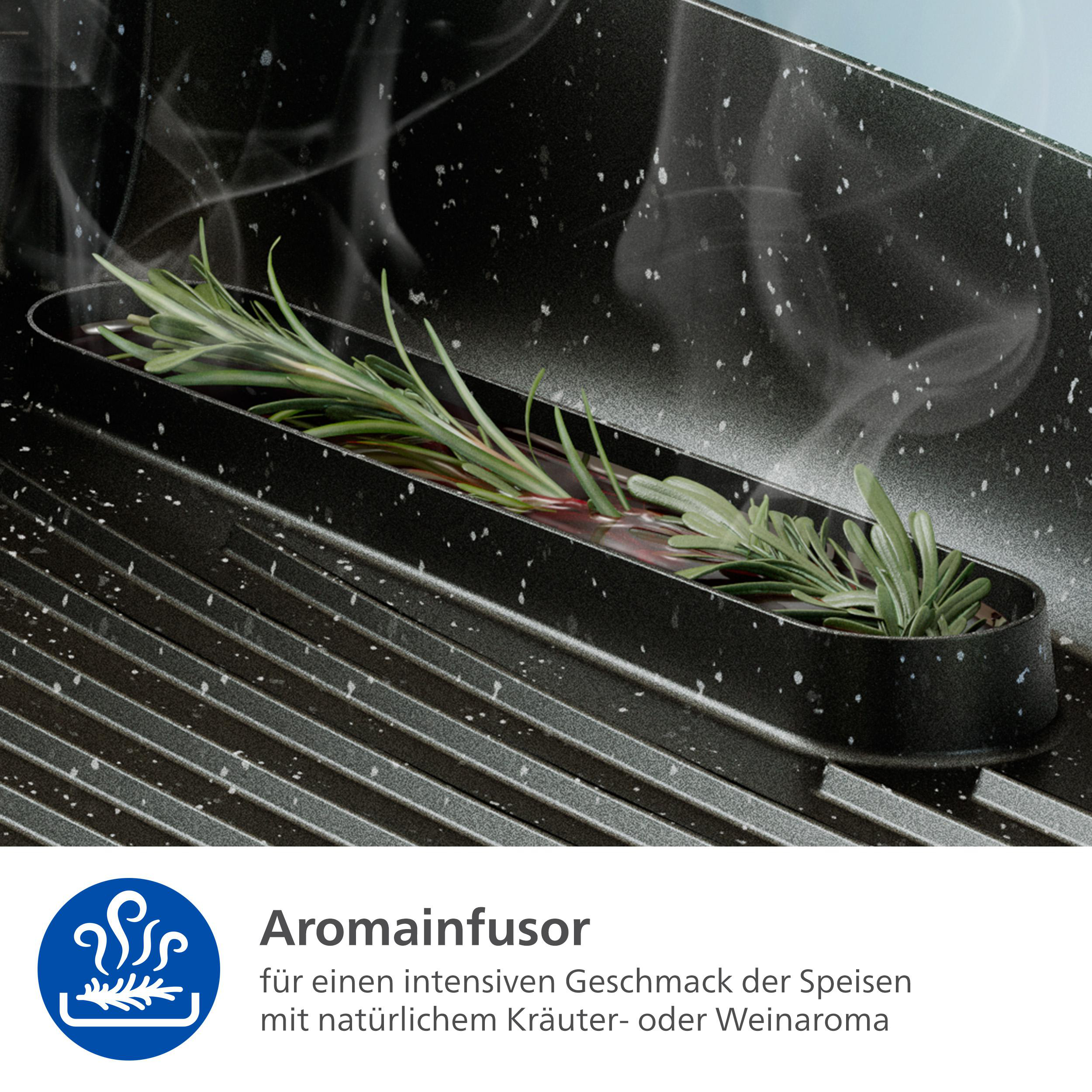Nahaufnahme eines Grills mit Kräutern in einem Infusor. Dampf steigt auf. Dunkelgraue, gesprenkelte Oberfläche. Text 'Aromainfusor'.