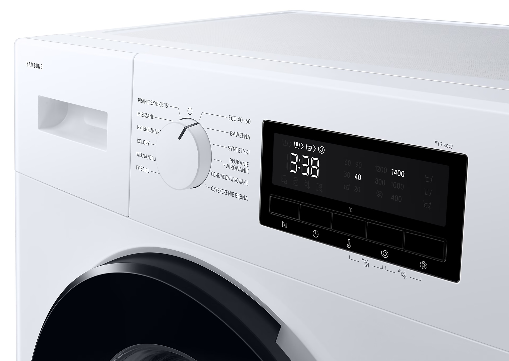 Biała pralka Samsung. Wyświetlacz cyfrowy pokazuje 3:38. Pokrętło z opcjami prania i przyciskami.