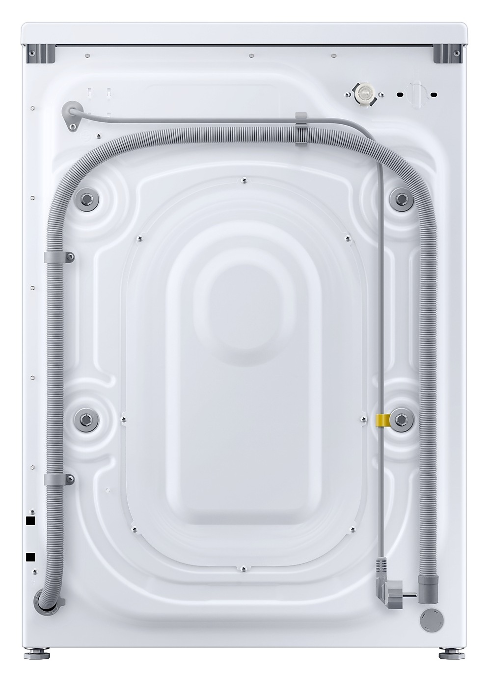 Tył białej pralki. Posiada karbowany szary wąż, szarą rurkę oraz żółte i szare złącza.