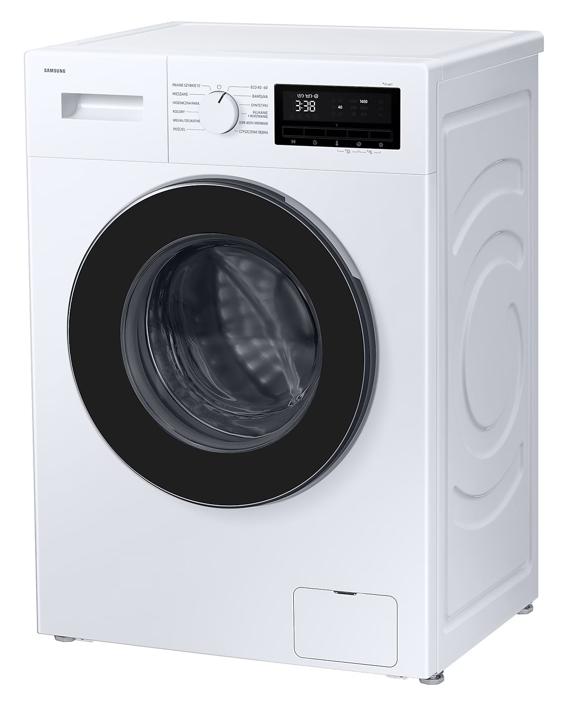 Biała pralka Samsung z czarnymi drzwiami. Ma panel sterowania i cyfrowy wyświetlacz z ustawieniami. Z przodu znajdują się małe drzwiczki.