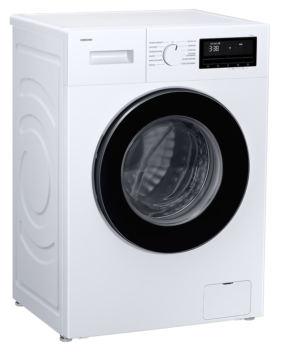 Biała pralka Samsung z czarnymi drzwiami. Wyświetlacz cyfrowy pokazuje 3:38. Panel sterowania i przyciski są widoczne.