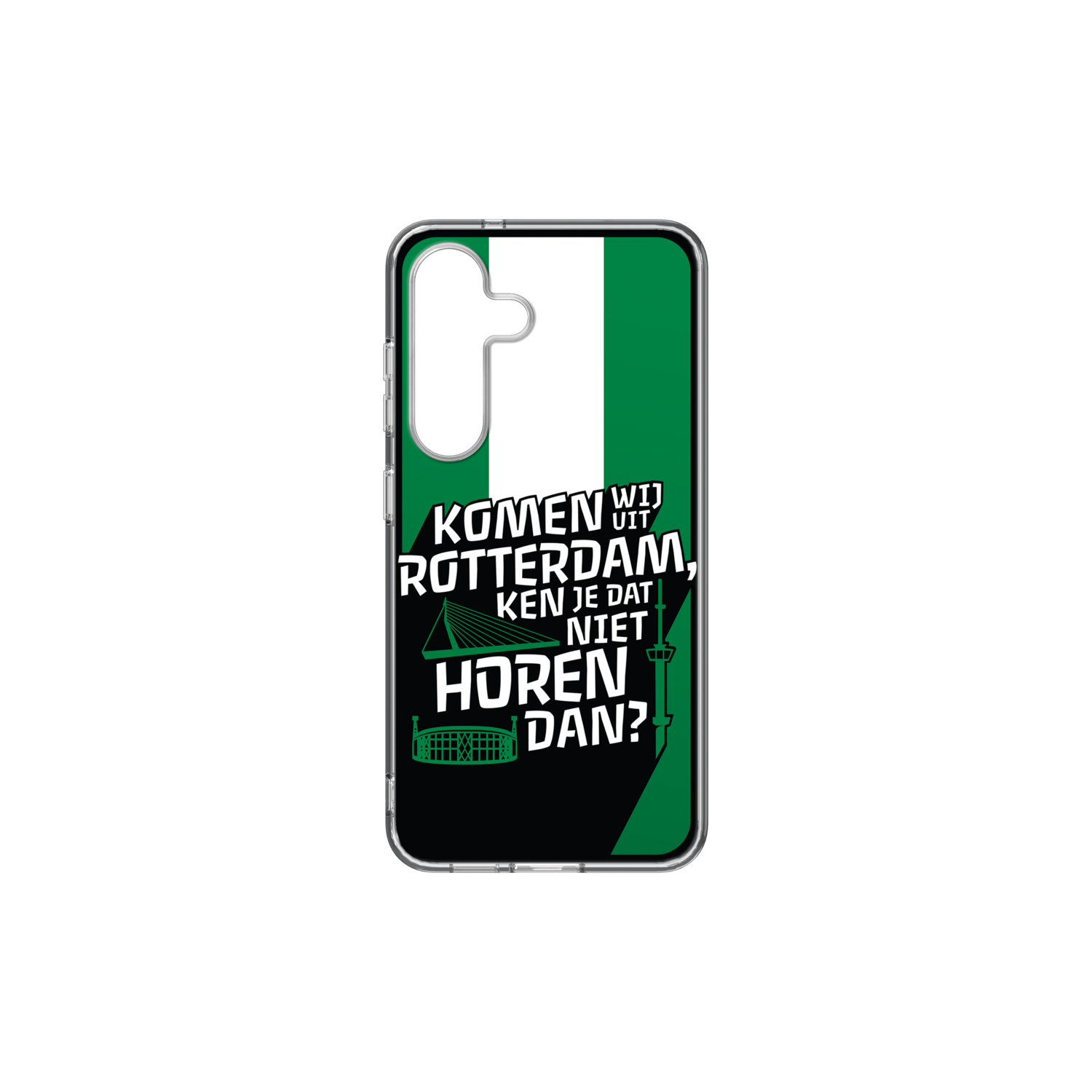 Een telefoonhoesje met een groen, wit en zwart ontwerp. Tekst luidt: 'KOMEN WIJ UIT ROTTERDAM, KEN JE DAT NIET HOREN DAN?'