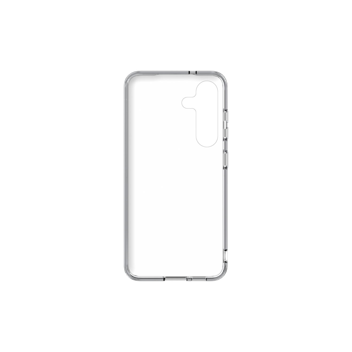Een doorzichtige telefoonhoes tegen een zwarte achtergrond. De hoes heeft uitsparingen voor camera en knoppen.