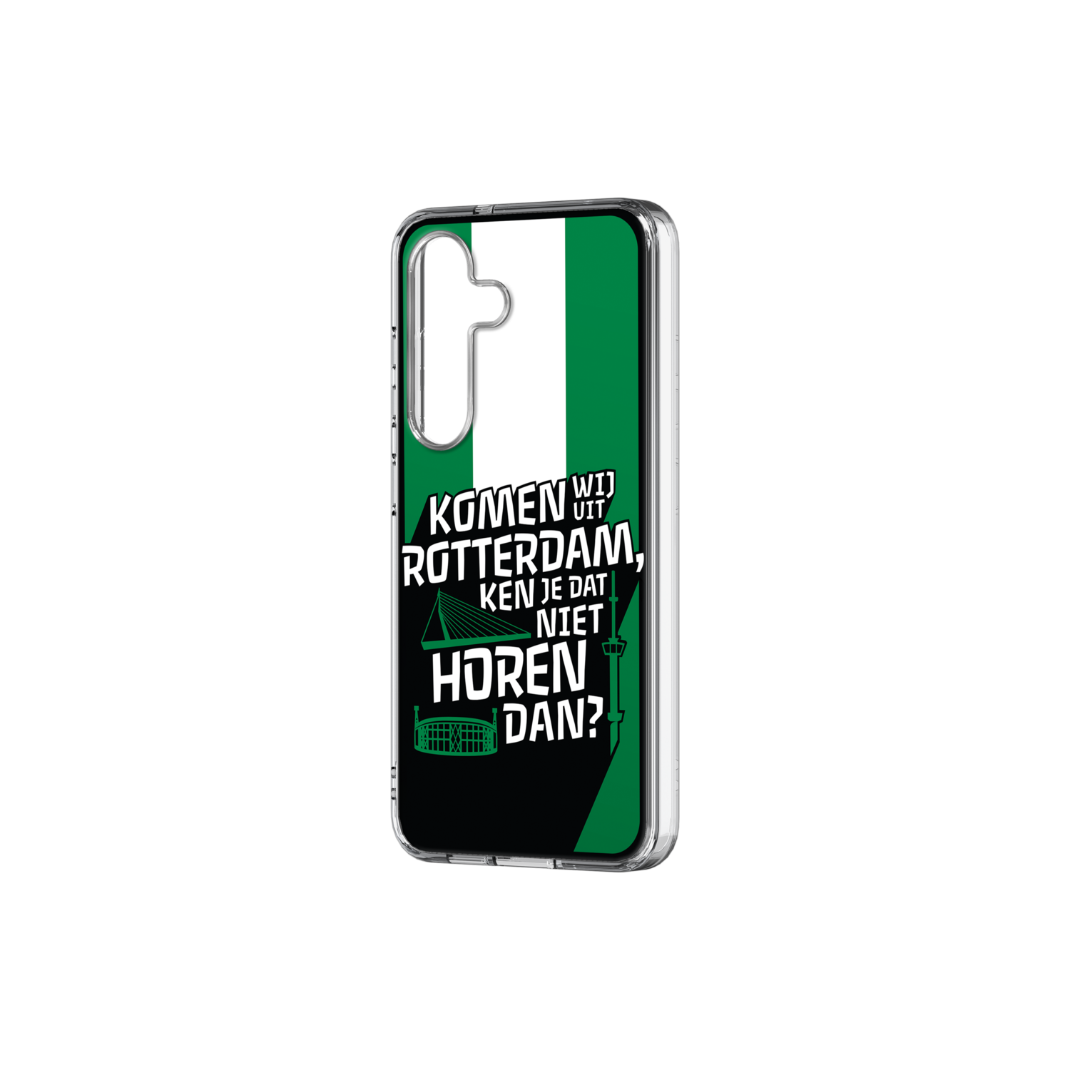 Telefoonhoesje met groen, wit en zwart ontwerp. Tekst: 'KOMEN WIJ UIT ROTTERDAM, KEN JE DAT NIET HOREN DAN?'