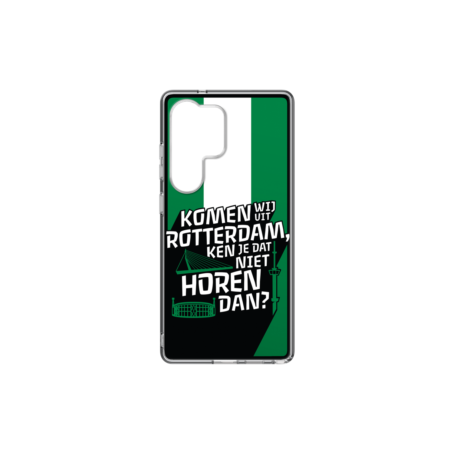 Een telefoonhoesje met een groen-wit gestreept ontwerp. Tekst: 'Komen wij uit Rotterdam, ken je dat niet horen dan?'