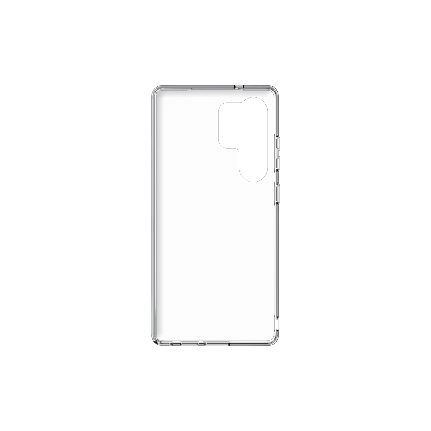 Een doorzichtige telefoonhoes is gecentreerd op een zwarte achtergrond. De hoes heeft uitsparingen voor de camera en knoppen.
