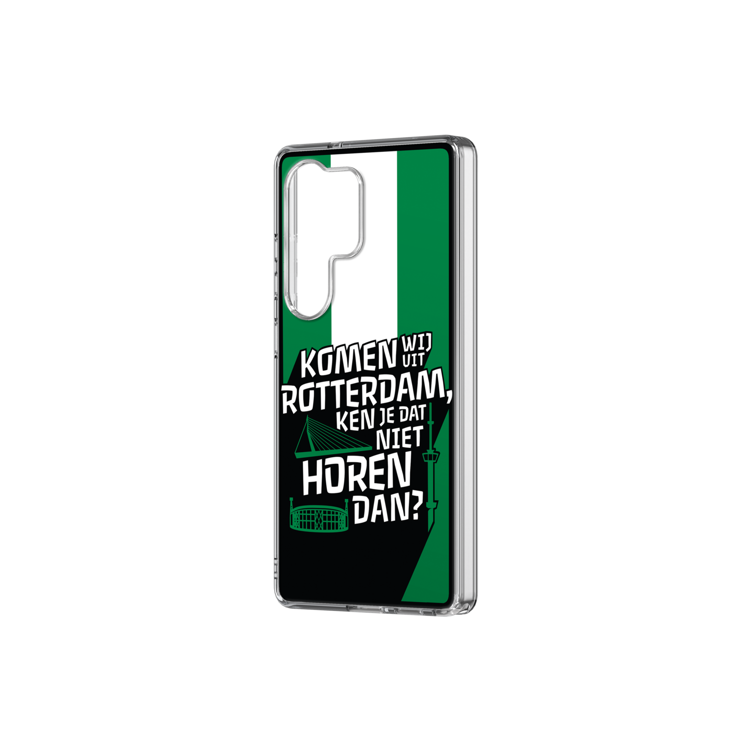 Telefoonhoesje met groen-witte strepen. Tekst: 'Wij komen uit Rotterdam, ken je dat niet horen dan?' bevat brug en gebouw.