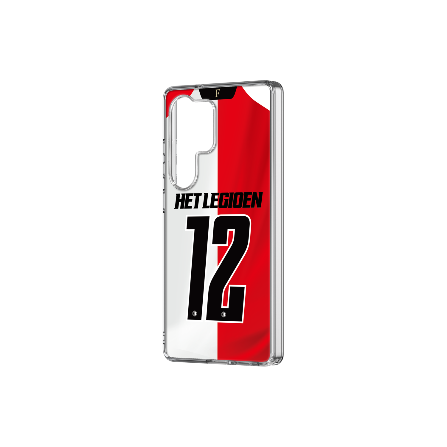 Een telefoonhoesje met een rood-wit ontwerp. Er staat 'HET LEGIEN' en het nummer '12' in zwart.
