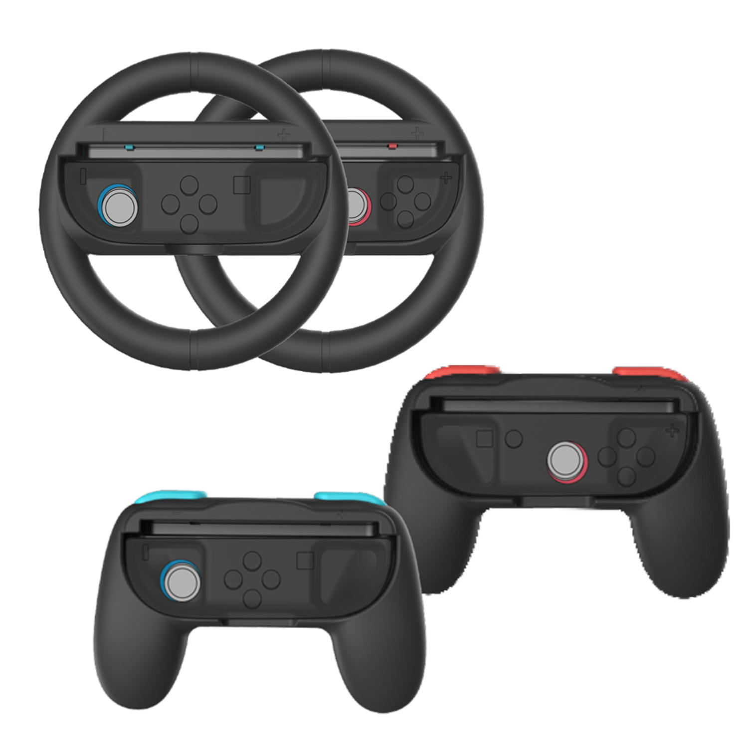 Accessoires de jeu noirs : deux volants et deux manettes. Les manettes ont des boutons bleus et rouges.