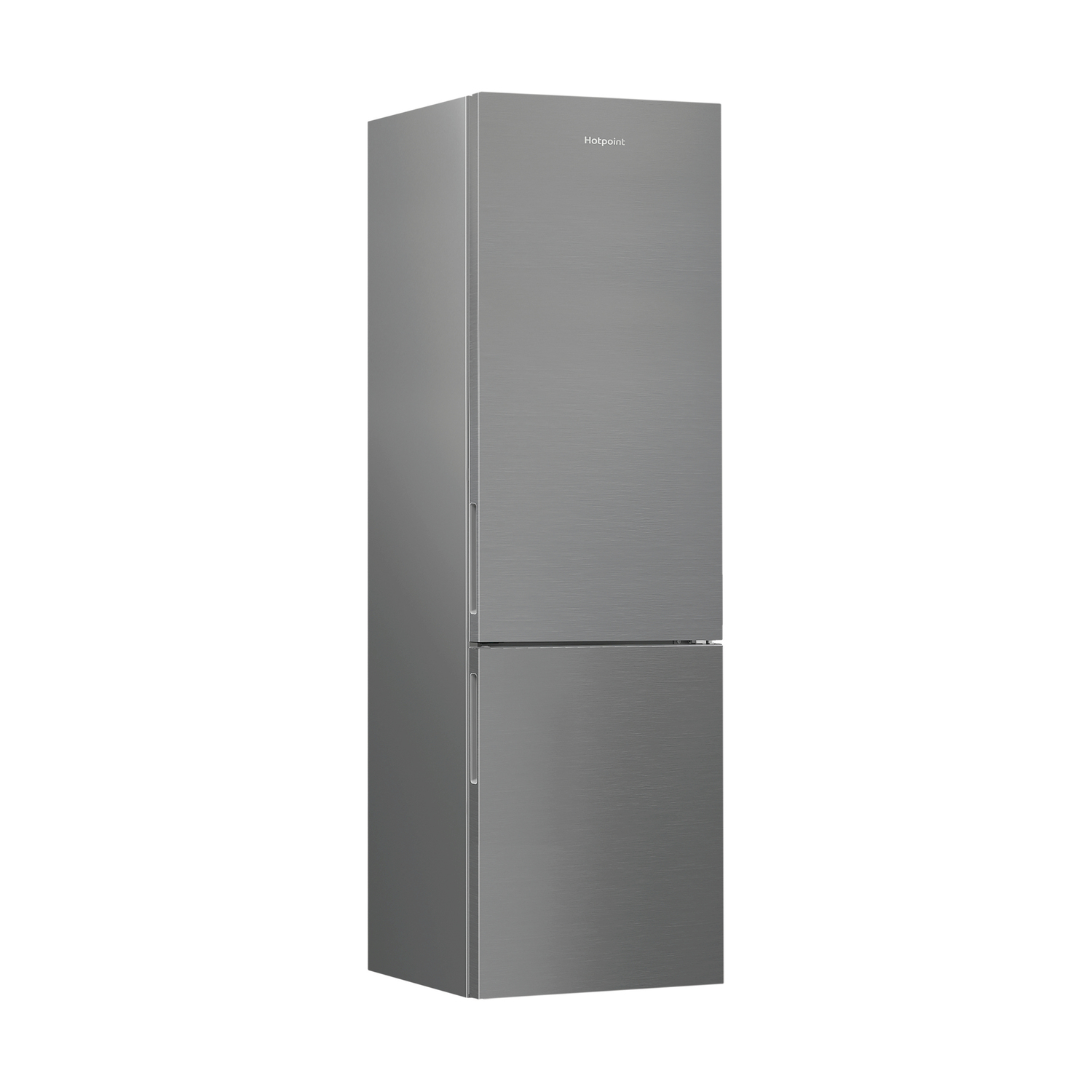 Un frigorifero Hotpoint argentato su sfondo bianco. È un modello a due porte con congelatore in basso. Il nome del marchio è visibile.