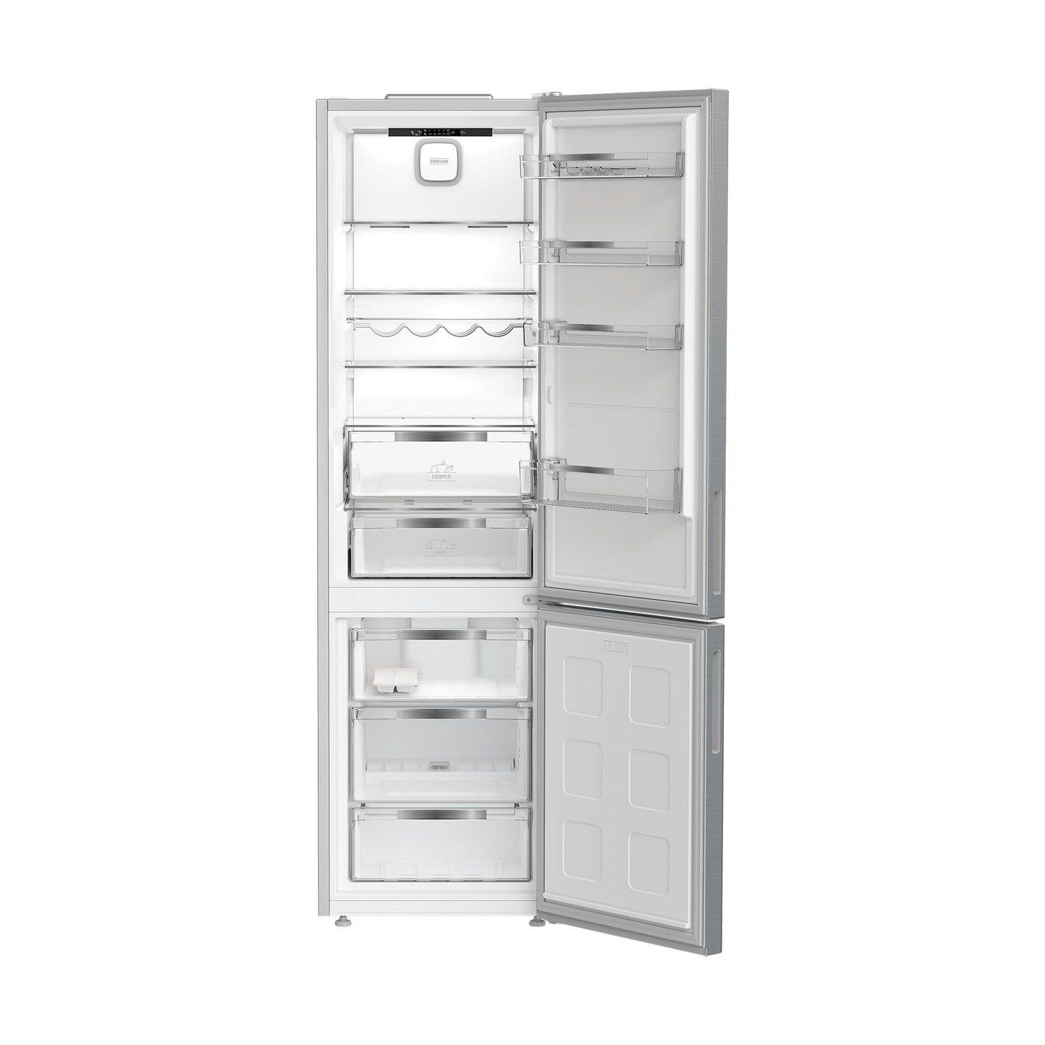Un frigorifero d'argento aperto. La porta superiore rivela ripiani e cassetti. Anche la porta inferiore è aperta, mostrando cassetti.